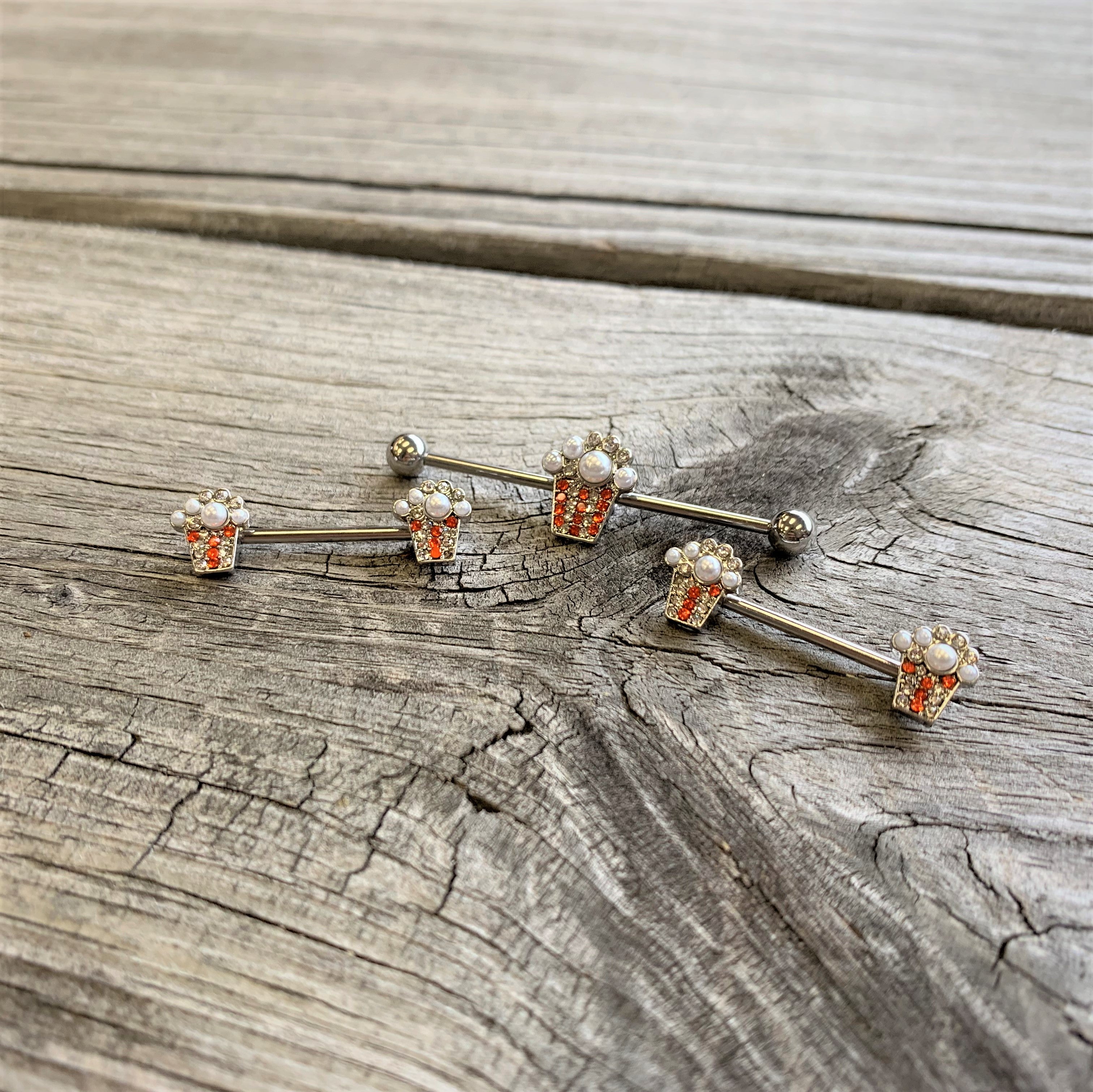 14G 9/16 White Orb Movie Night Popcorn Barbell Nipple Ring Set