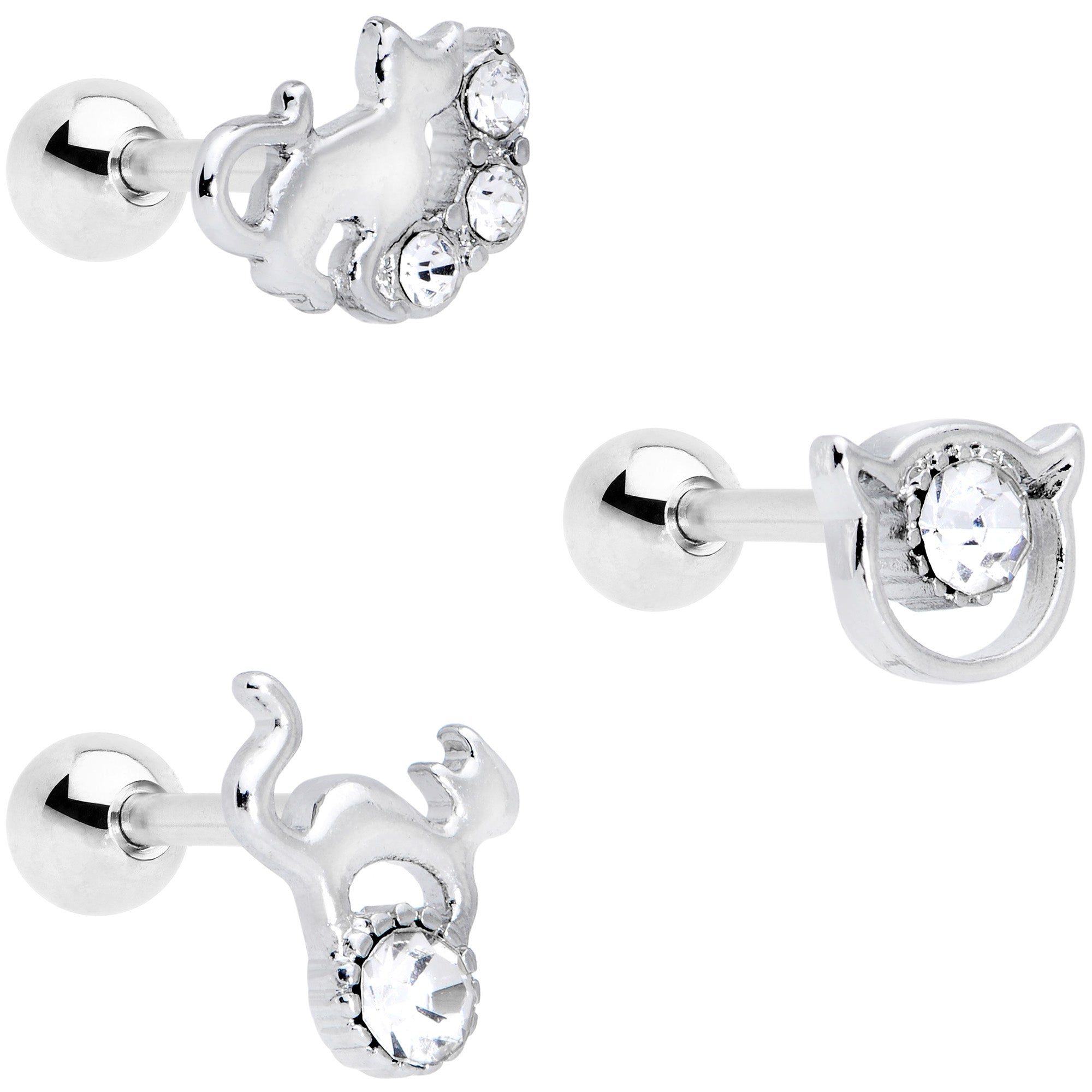 16G 1/4 Clear Gem Cat Theme Cartilage Tragus Earring Set of 3