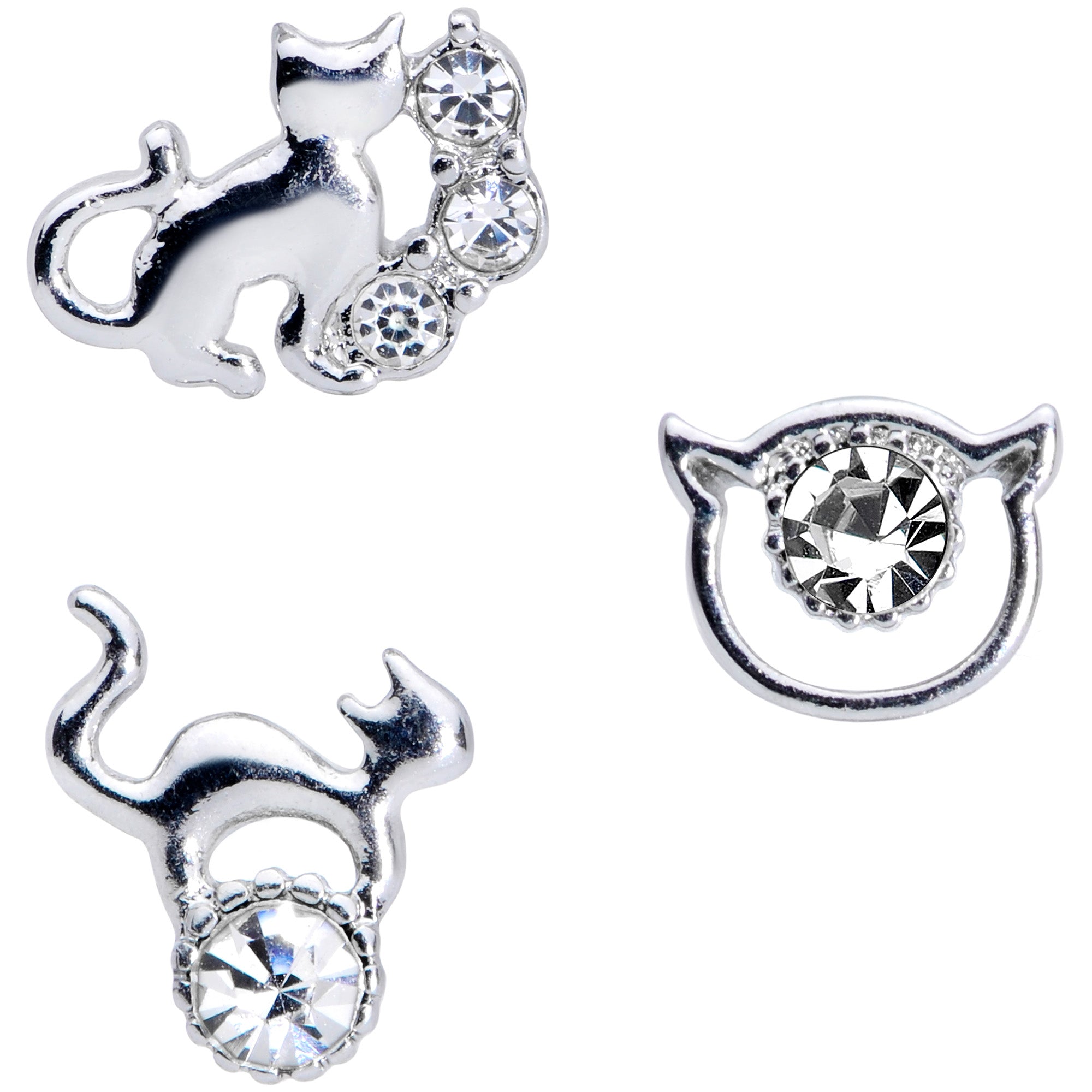 16G 1/4 Clear Gem Cat Theme Cartilage Tragus Earring Set of 3