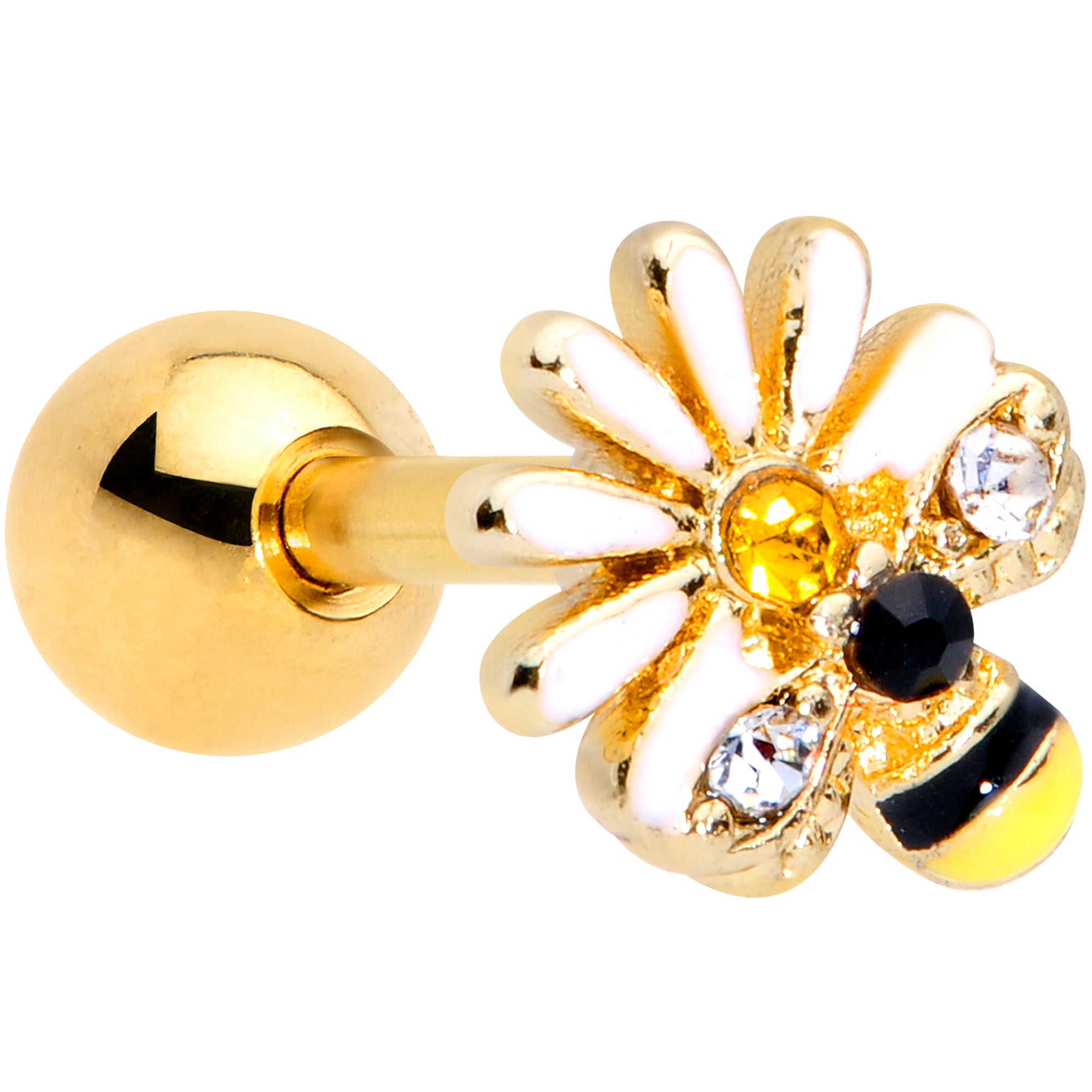 16G 1/4 Clear Yellow Gem Gold Tone Daisy Bee Cartilage Tragus