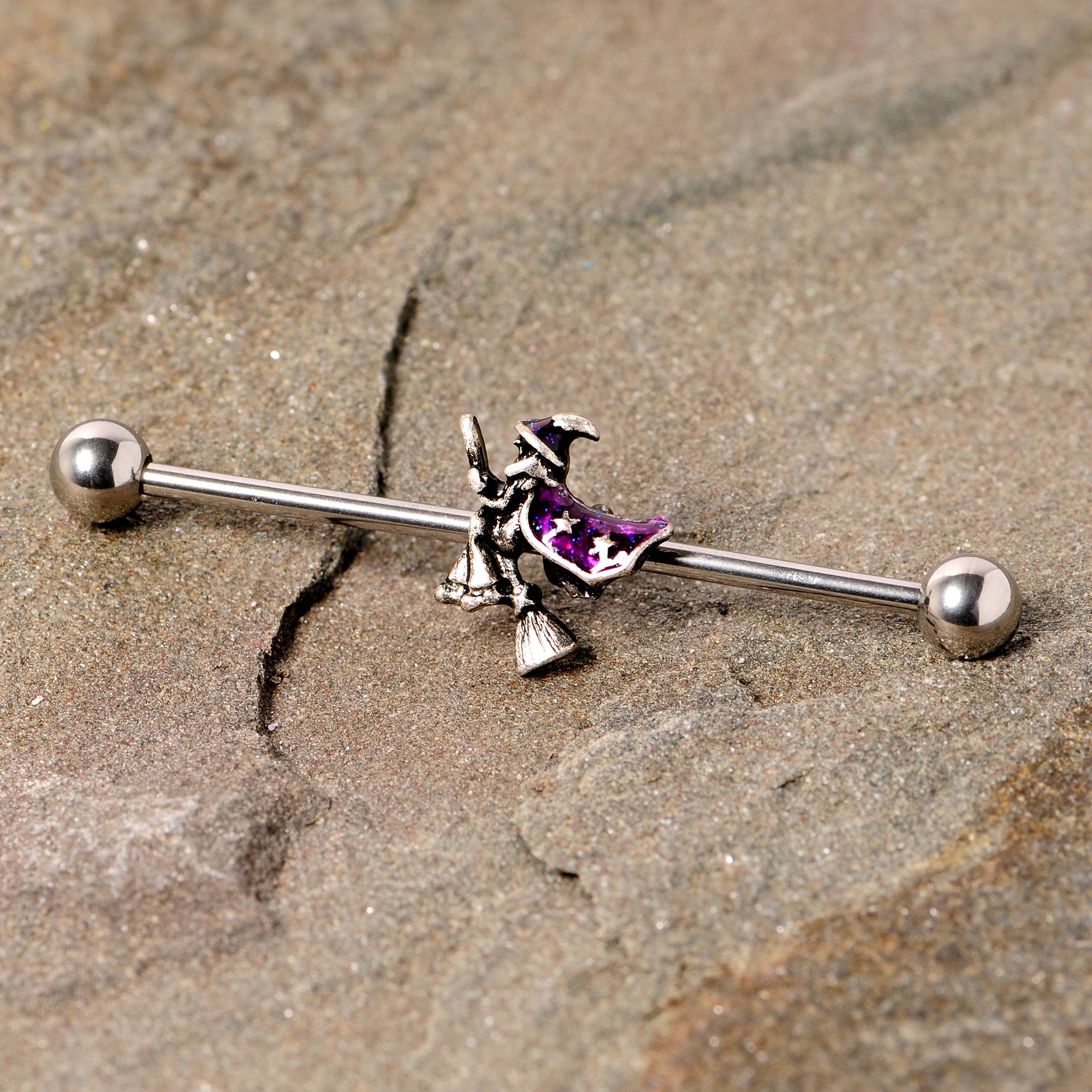 14G Purple Witch Broom Halloween Industrial Barbell 38mm
