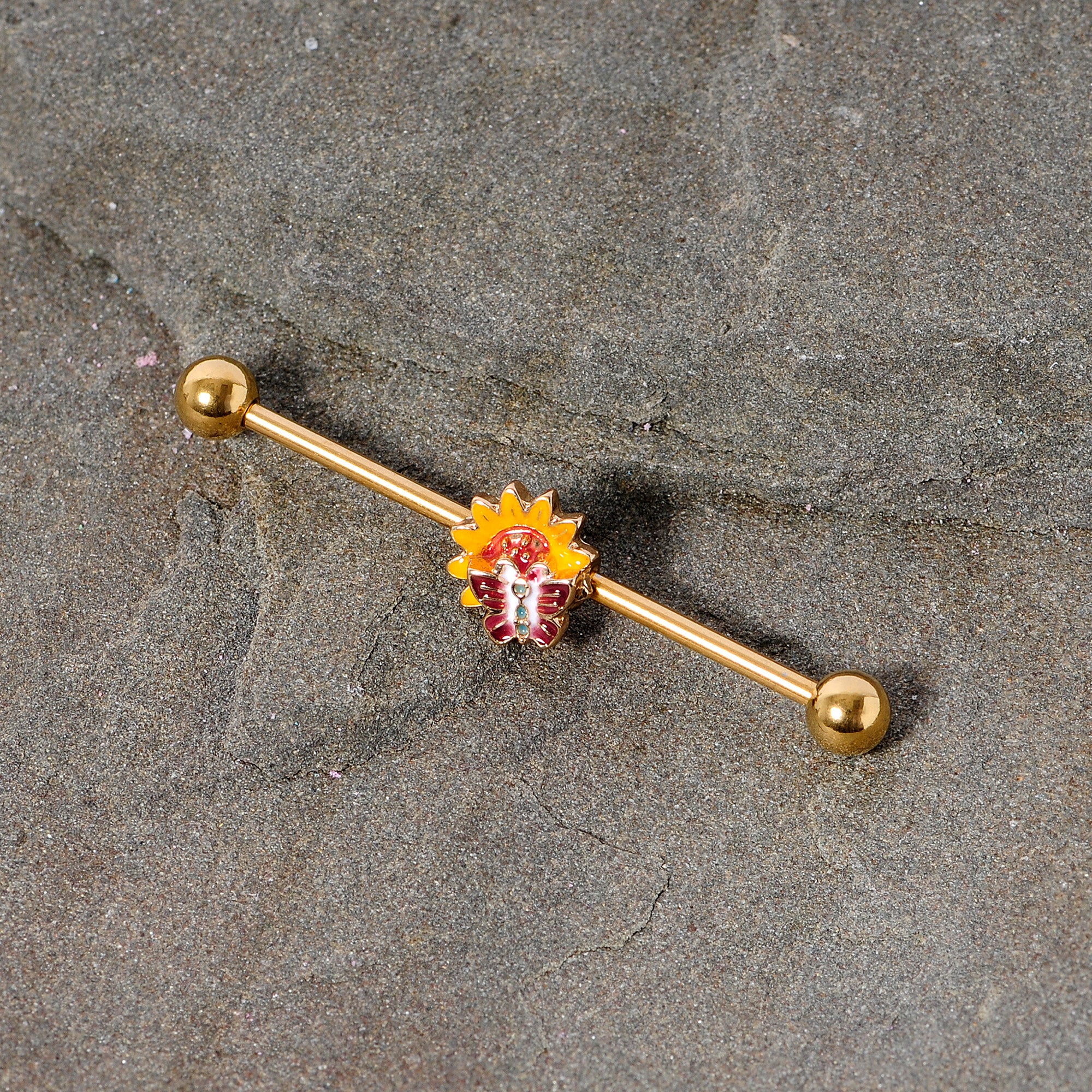 14G Gold Tone Red Yellow Butterfly Flower Industrial Barbell 38mm