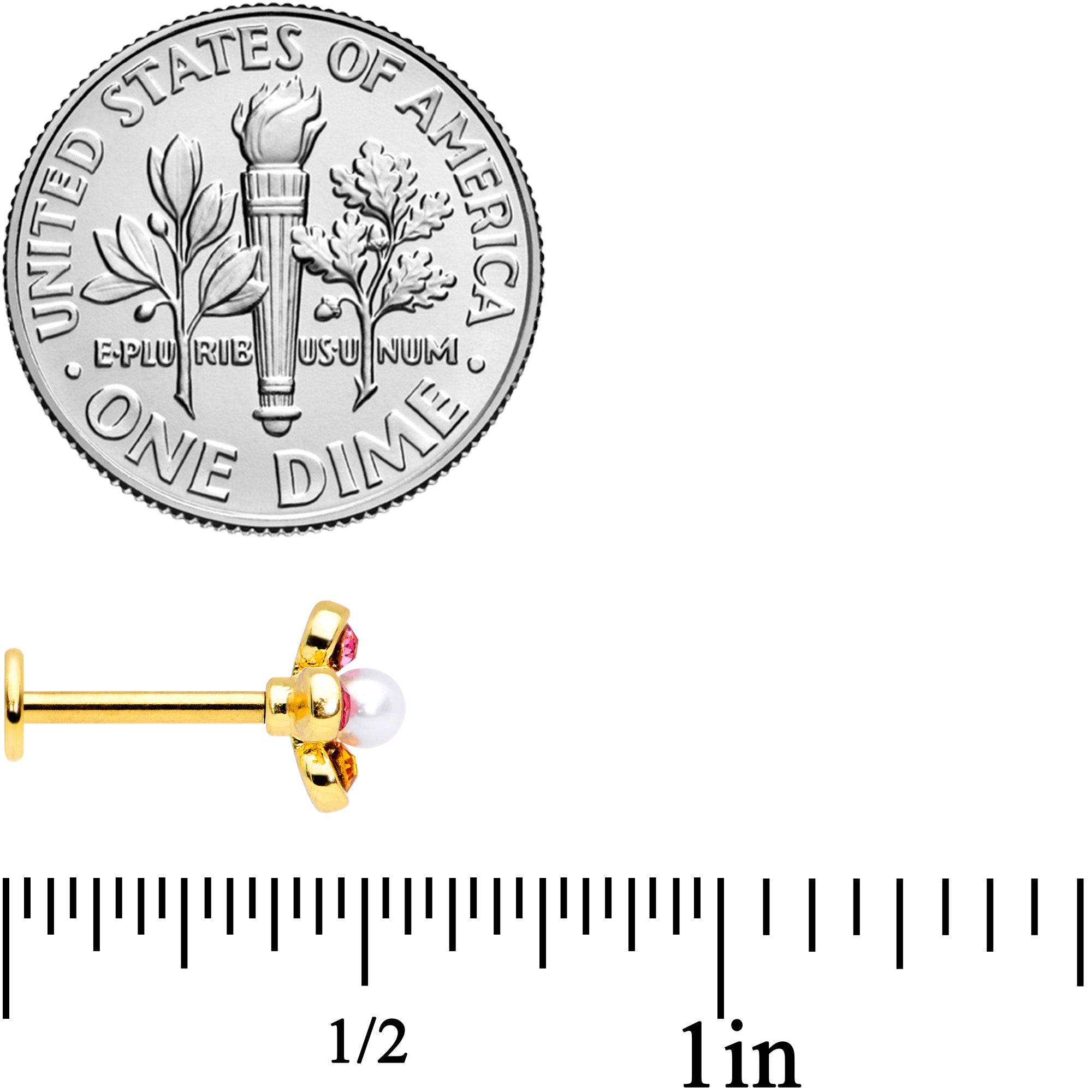 16G 5/16 Pink Blue Gem Gold Tone Flower Labret Monroe Tragus