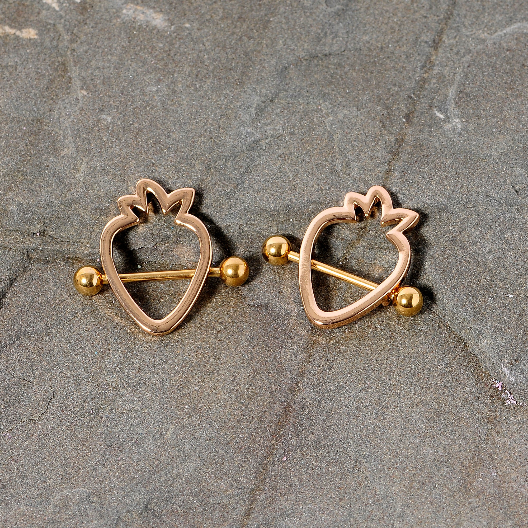 14G 3/4 Gold Tone Hollow Strawberry Nipple Shield Set