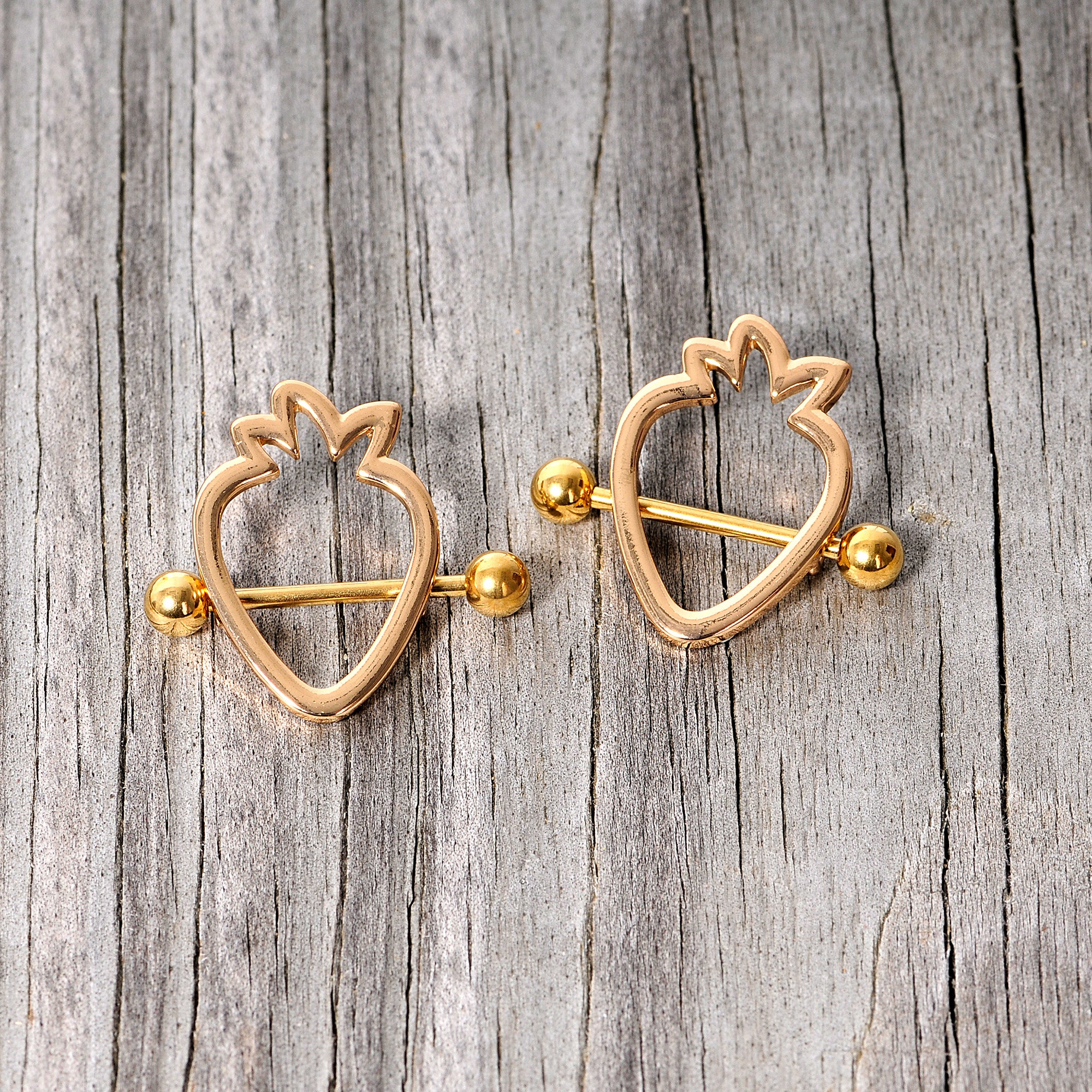 14G 3/4 Gold Tone Hollow Strawberry Nipple Shield Set