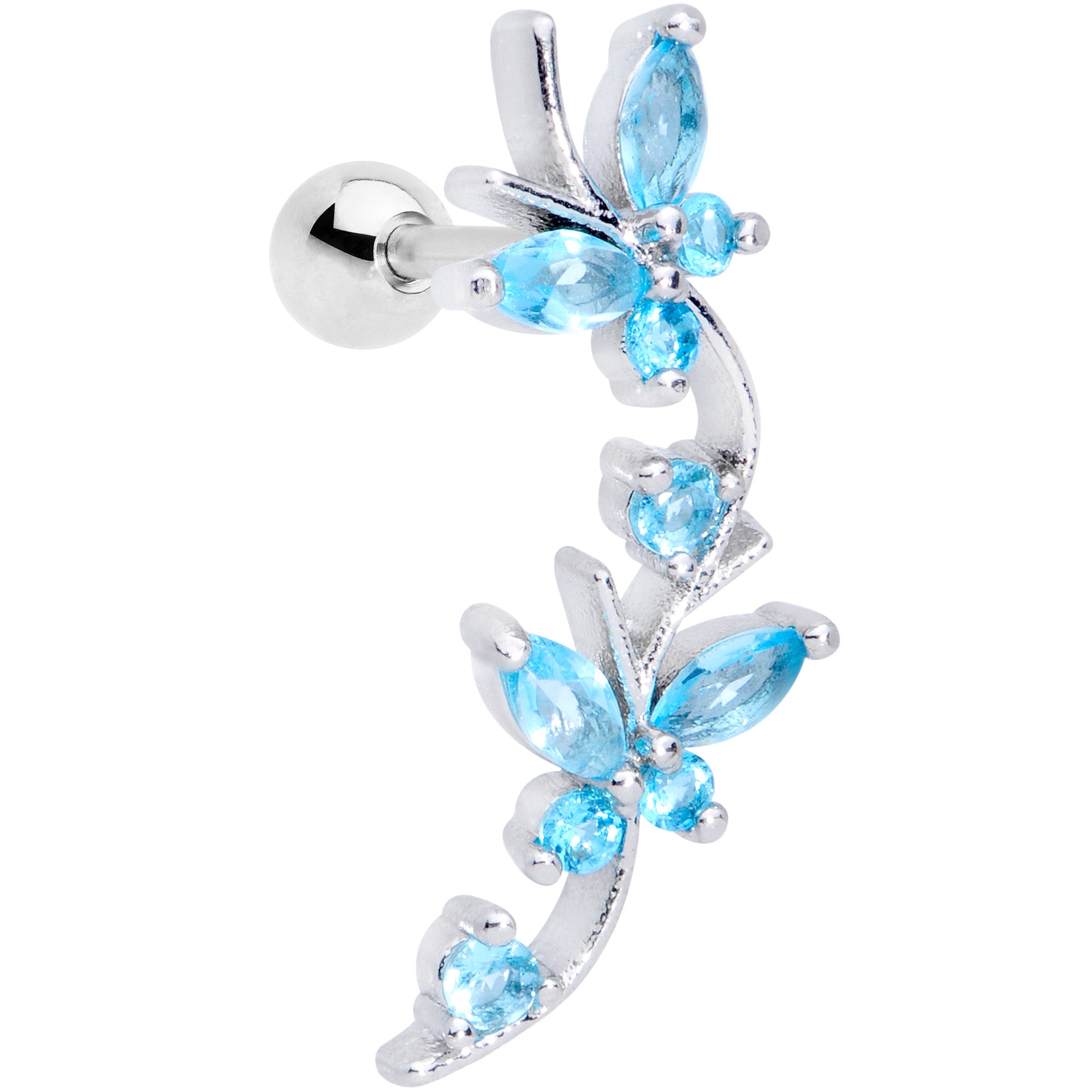 16G 1/4 Aqua CZ Gem Butterflies Left Ear Cartilage Tragus