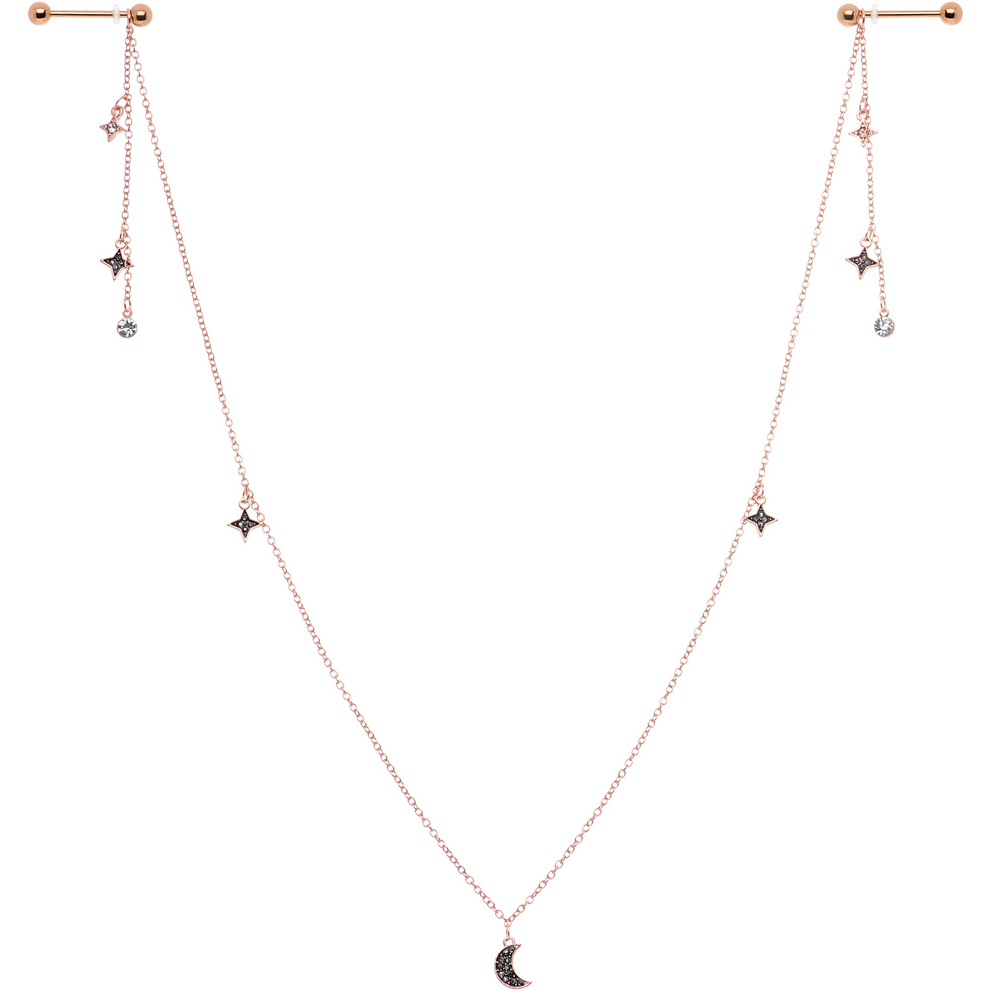 14G 9/16 Black Gem Rose Gold Tone Moon Dangle Nipple Chain