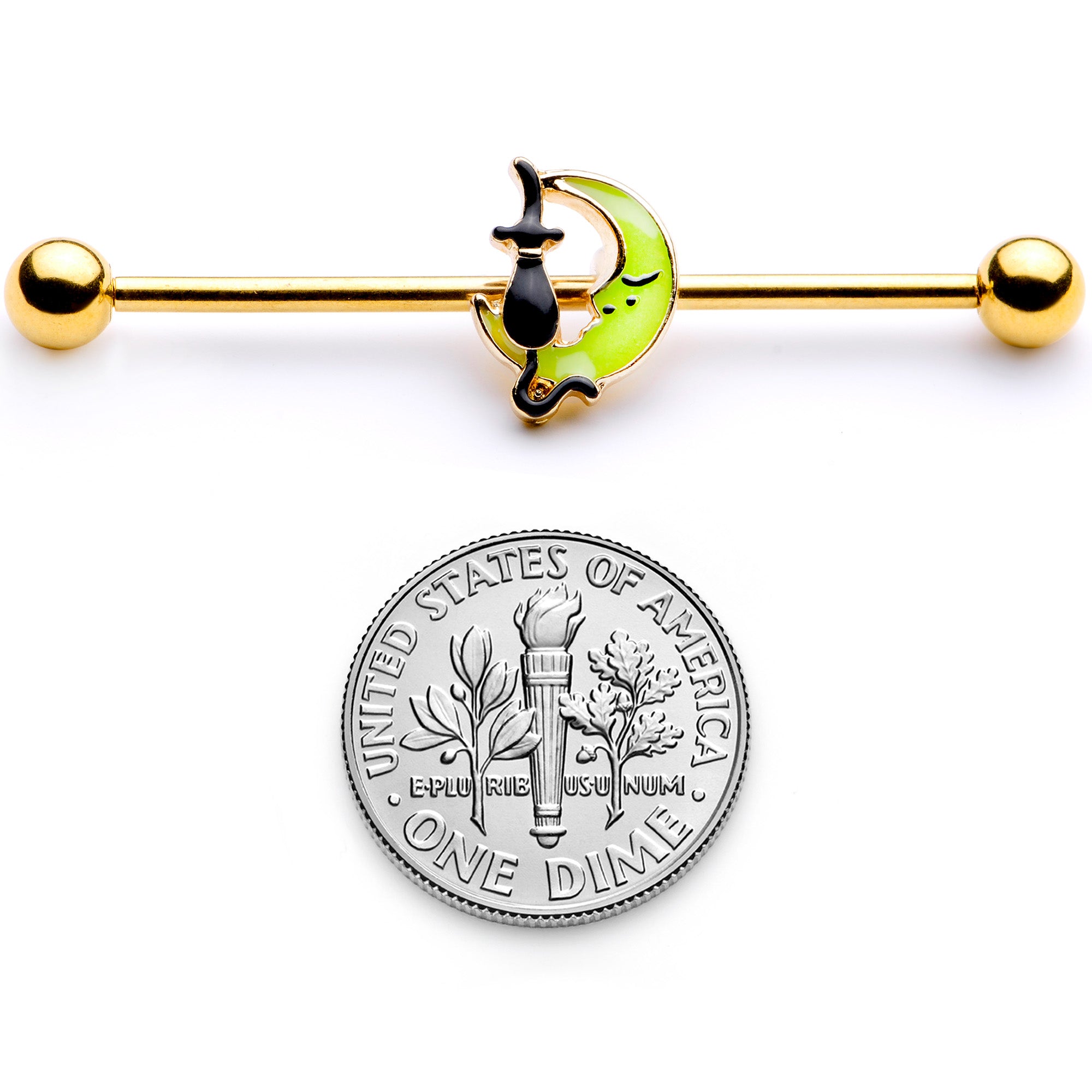 14G Gold Tone Black Cat Moon Halloween Industrial Barbell 38mm