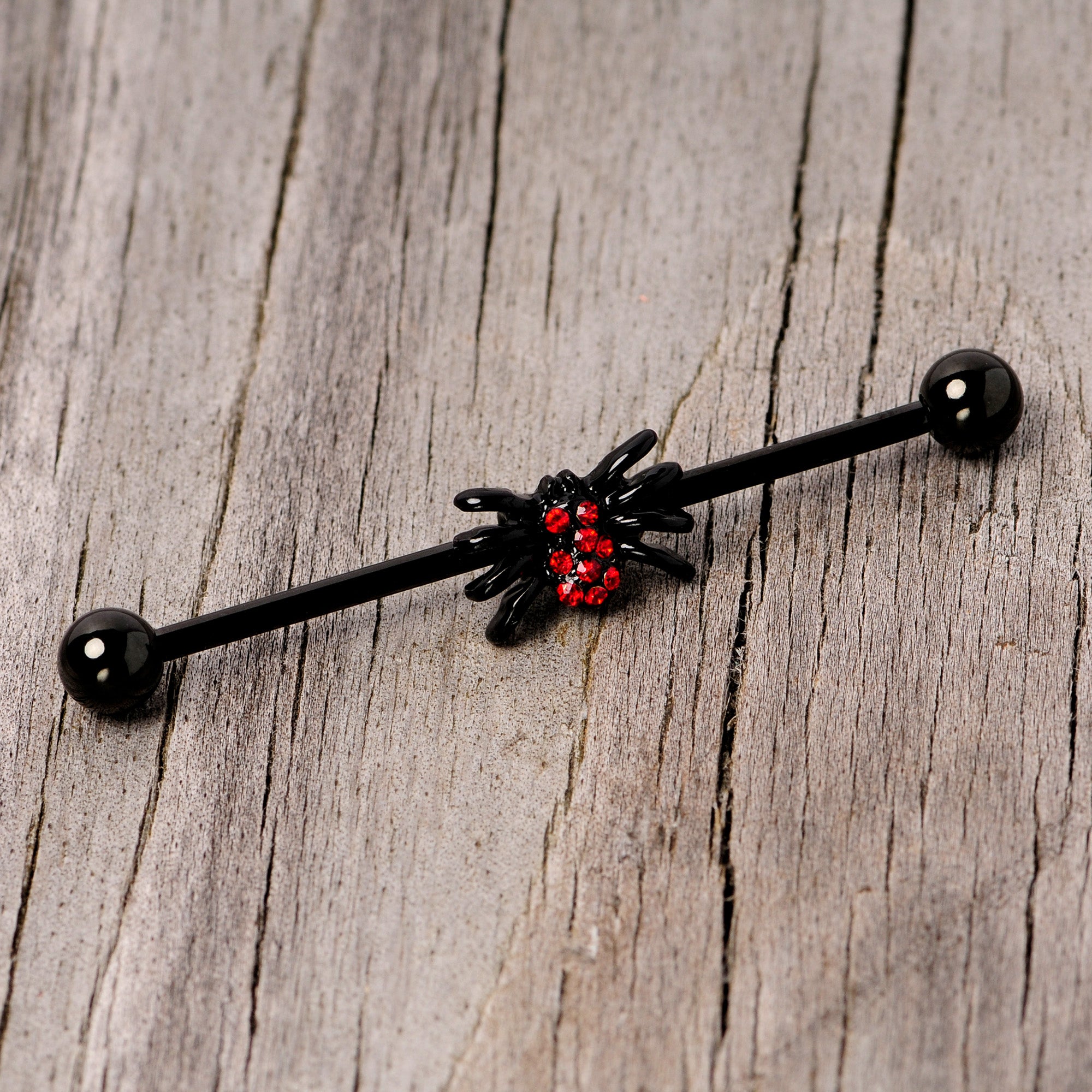 14G Red Gem Black Spider Halloween Industrial Barbell 38mm