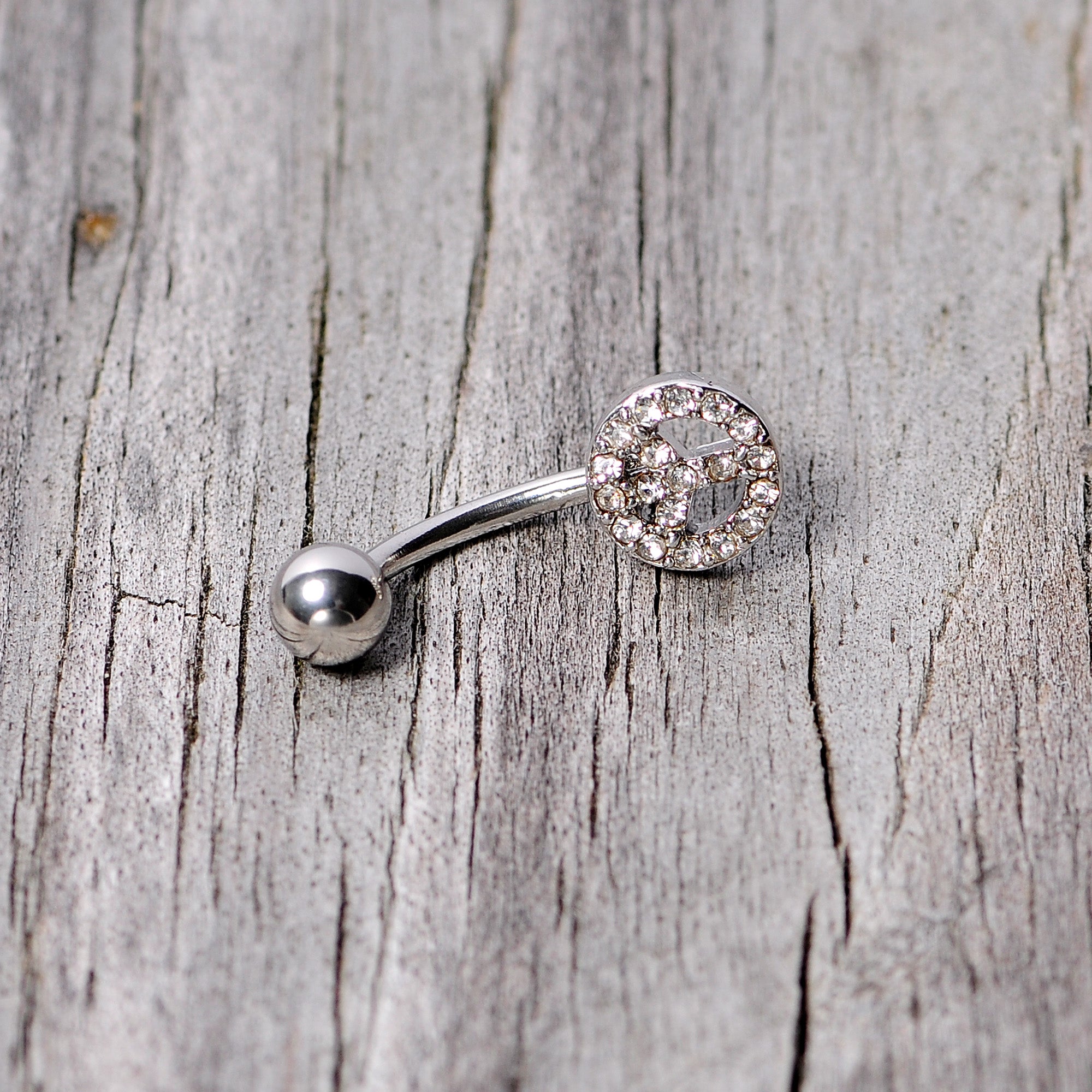 16G 5/16 Clear Gem Retro Peace Sign Curved Eyebrow Ring