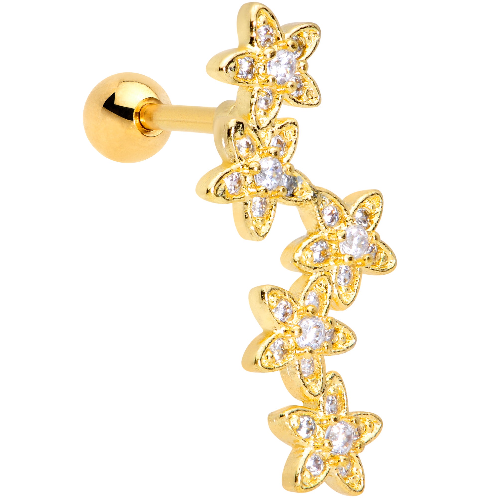 16G 1/4 Clear CZ Gem Gold Tone Fancy Flower Cartilage Tragus