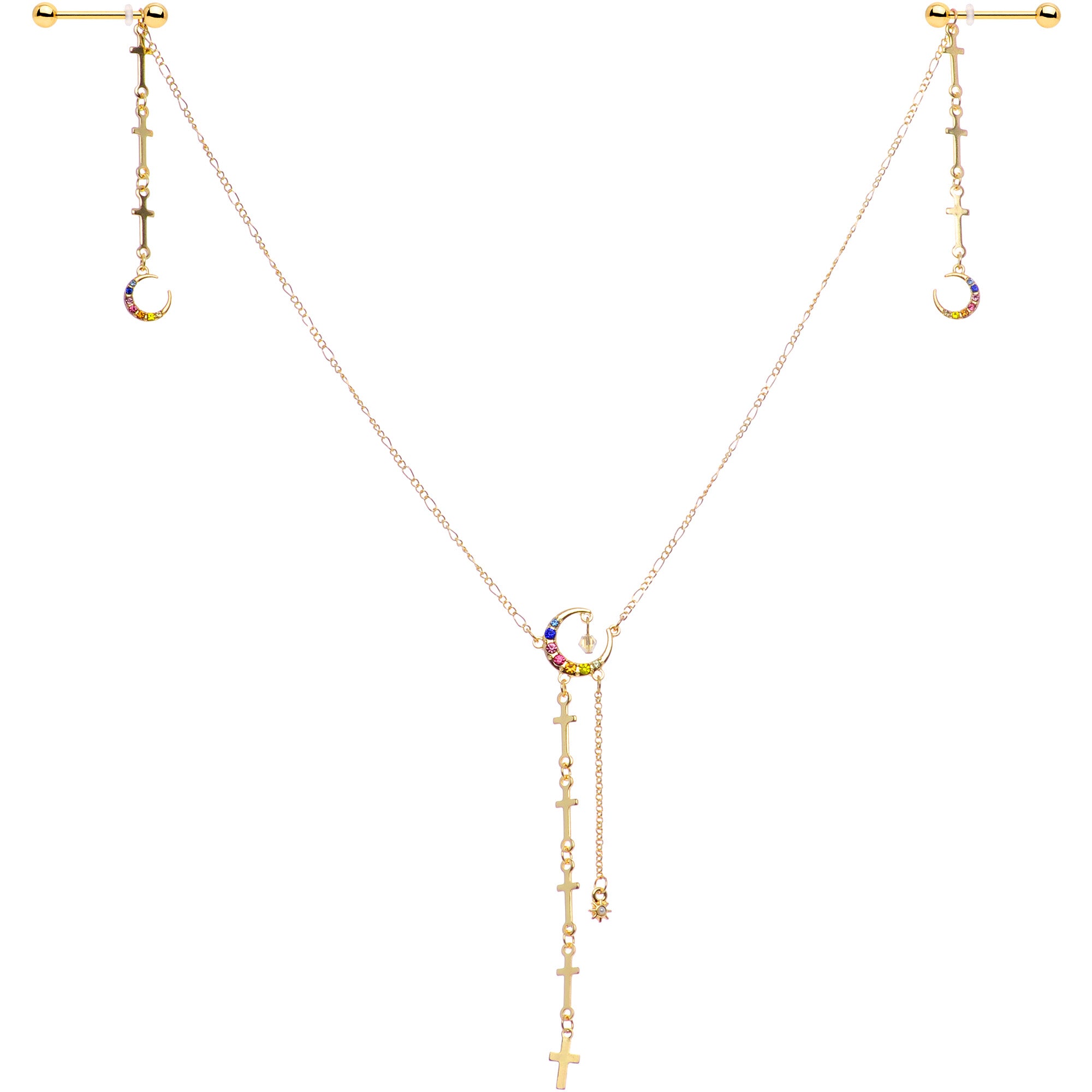 14G 9/16 Blue Pink Gem Gold Tone Moon Cross Dangle Nipple Chain