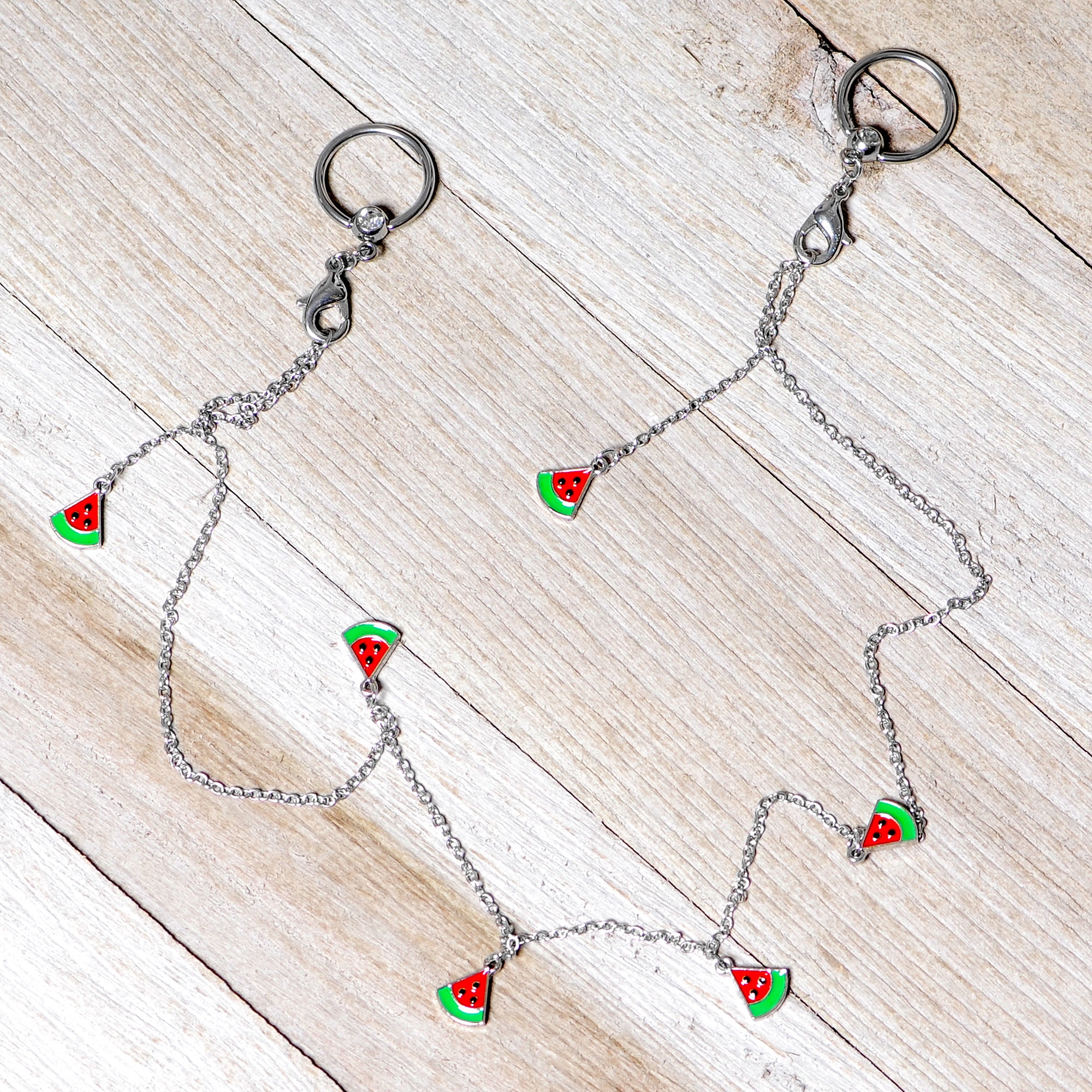 14G 9/16 Clear Gem Watermelon Captive Ring Dangle Nipple Chain