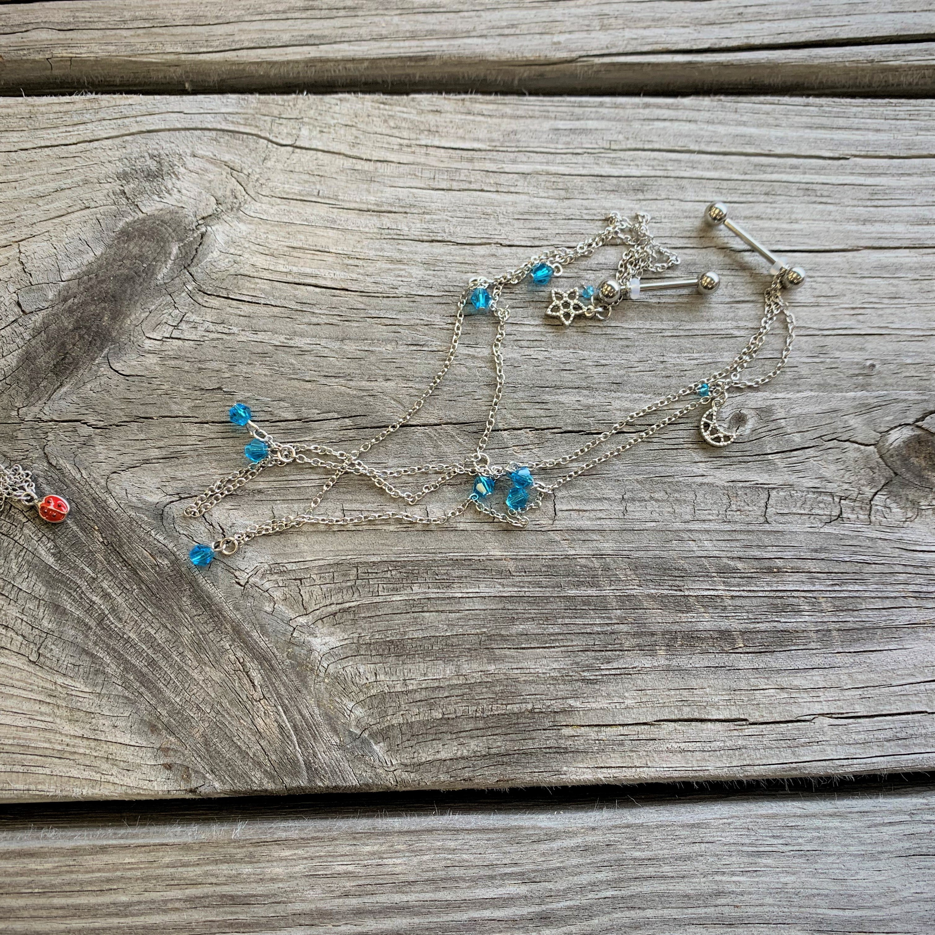 14G 5/8 Blue Gem Moon Star Double Dangle Nipple Chain