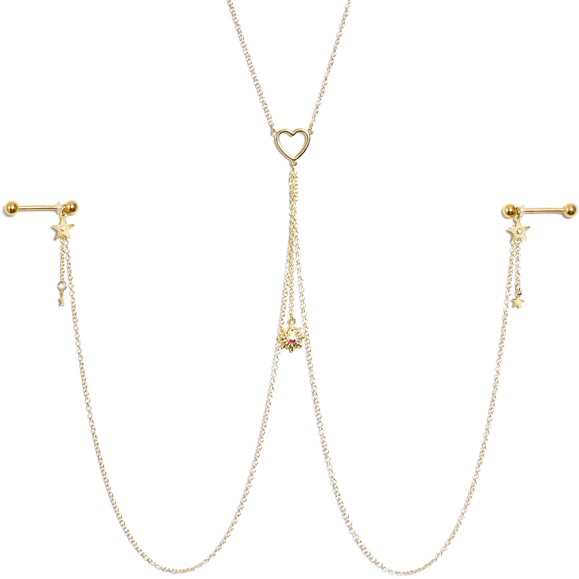 14G 5/8 Aurora Gem Gold Tone Sun Heart Star Nipple Chain Necklace