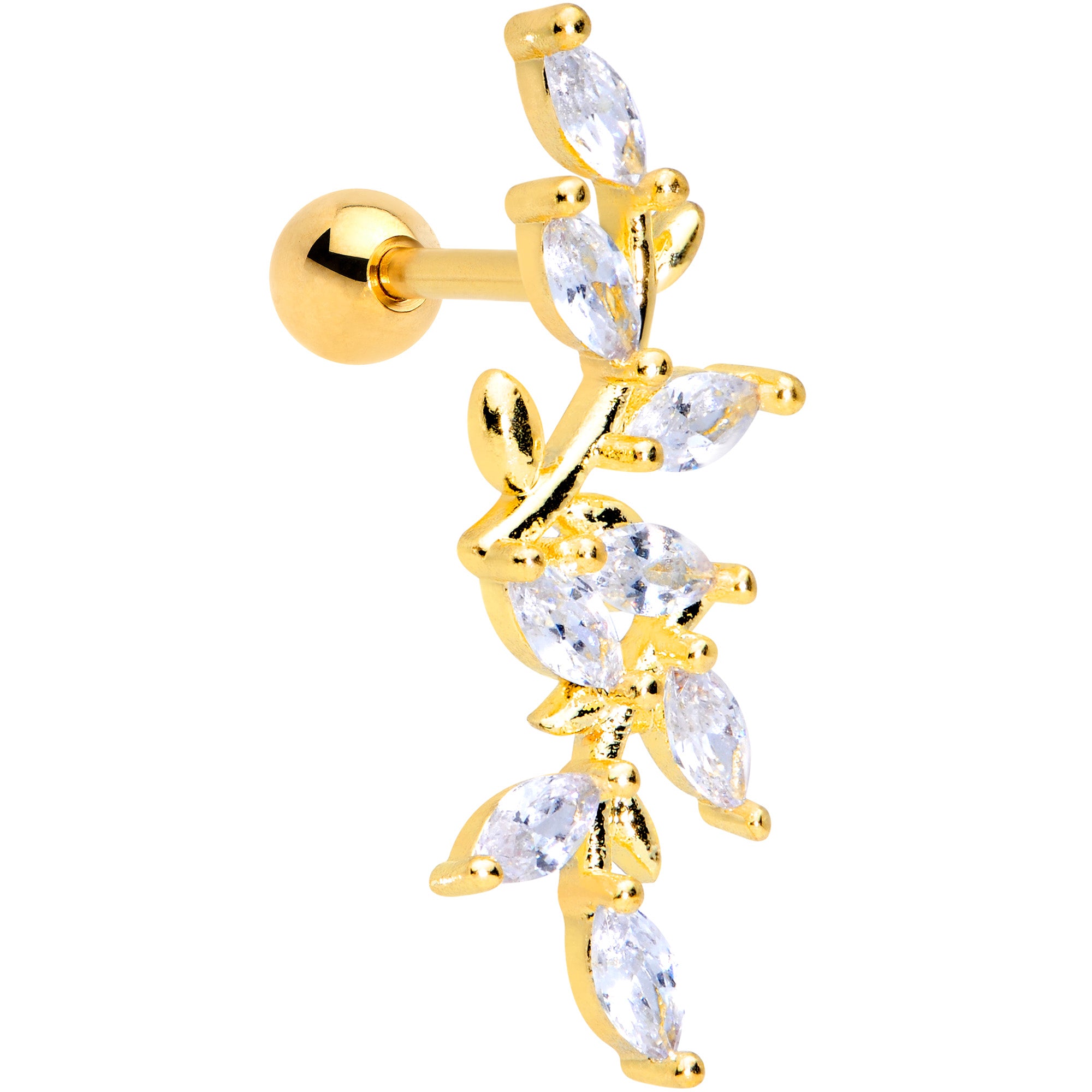 16G 1/4 Clear CZ Gem Gold Tone Trailing Vine Cartilage Tragus