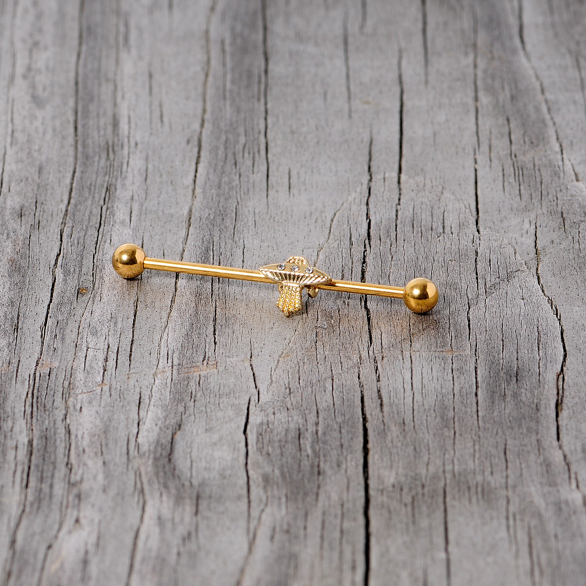 14G Clear Gem Gold Tone Alien UFO Beam Industrial Barbell 38mm
