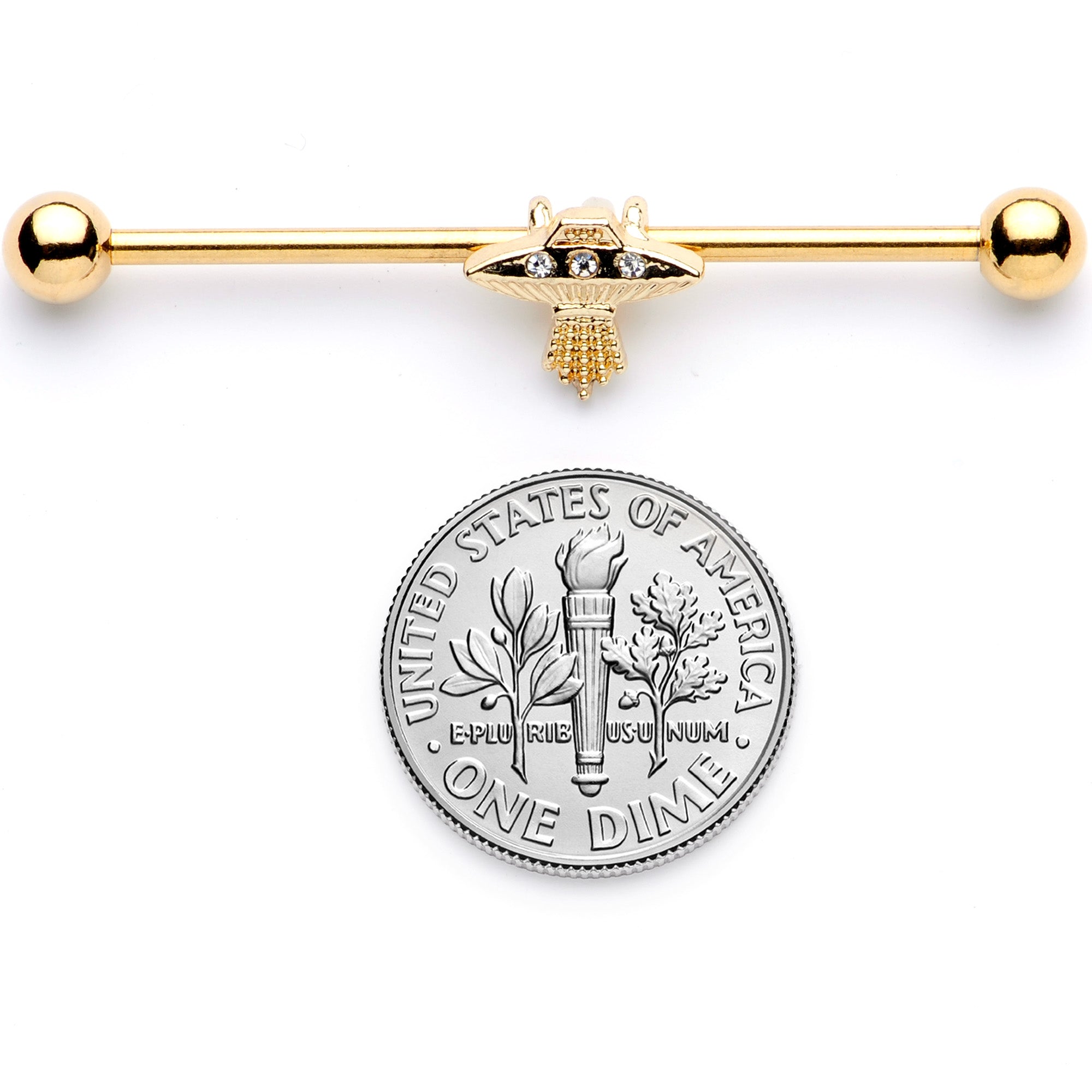 14G Clear Gem Gold Tone Alien UFO Beam Industrial Barbell 38mm