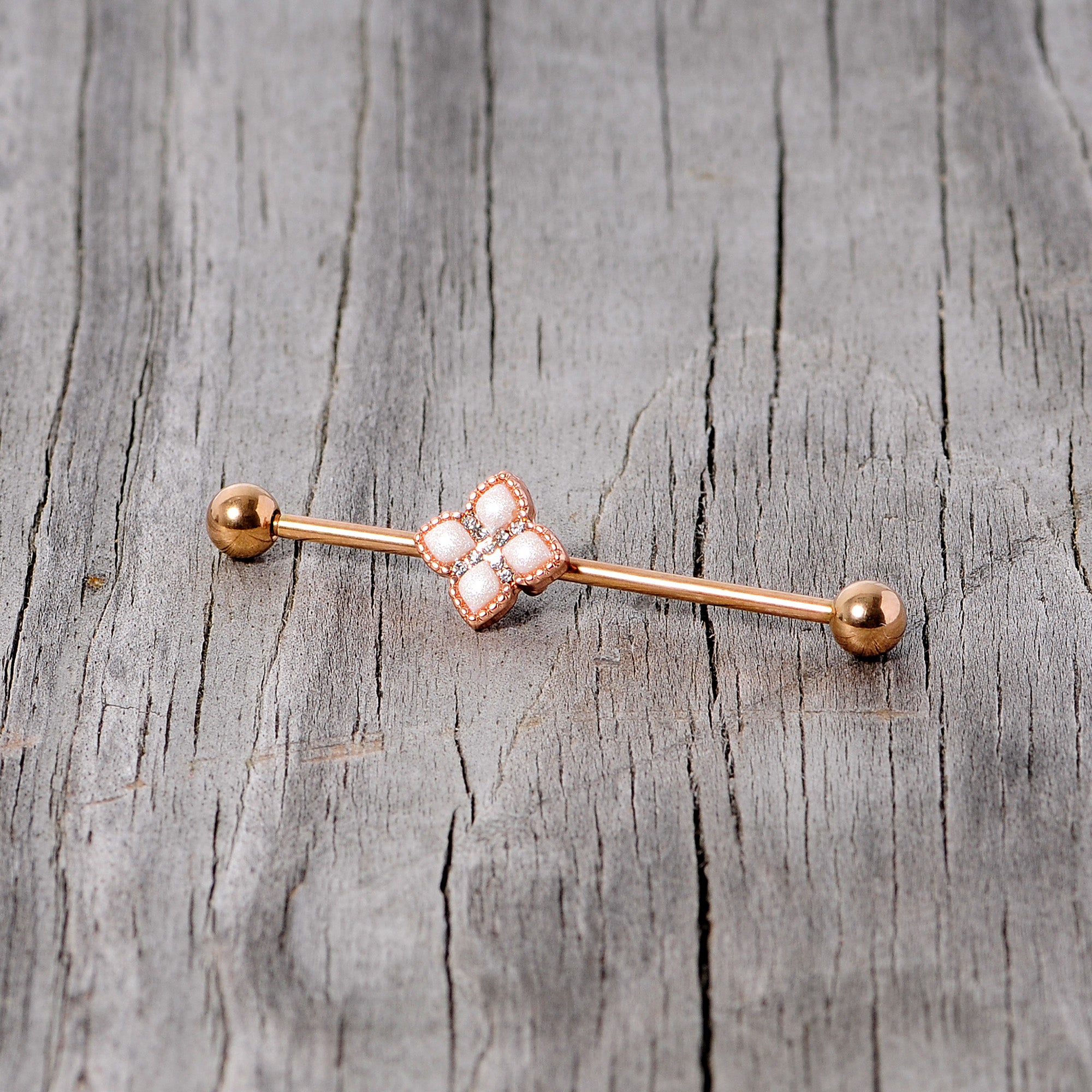 14G Clear Gem Rose Gold Tone Renaissance Industrial Barbell 38mm