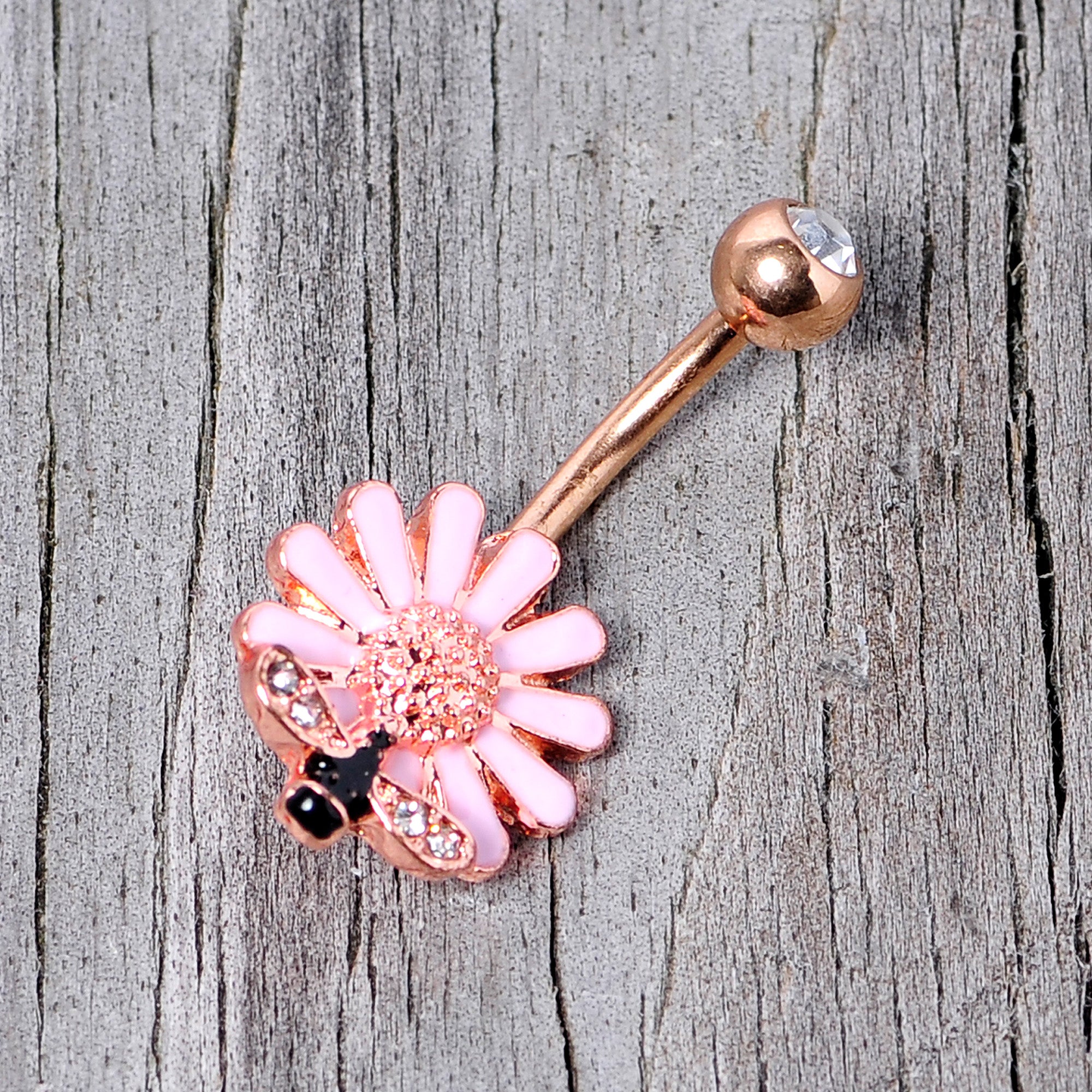 Clear Gem Rose Gold Tone Pink Daisy Bee Belly Ring