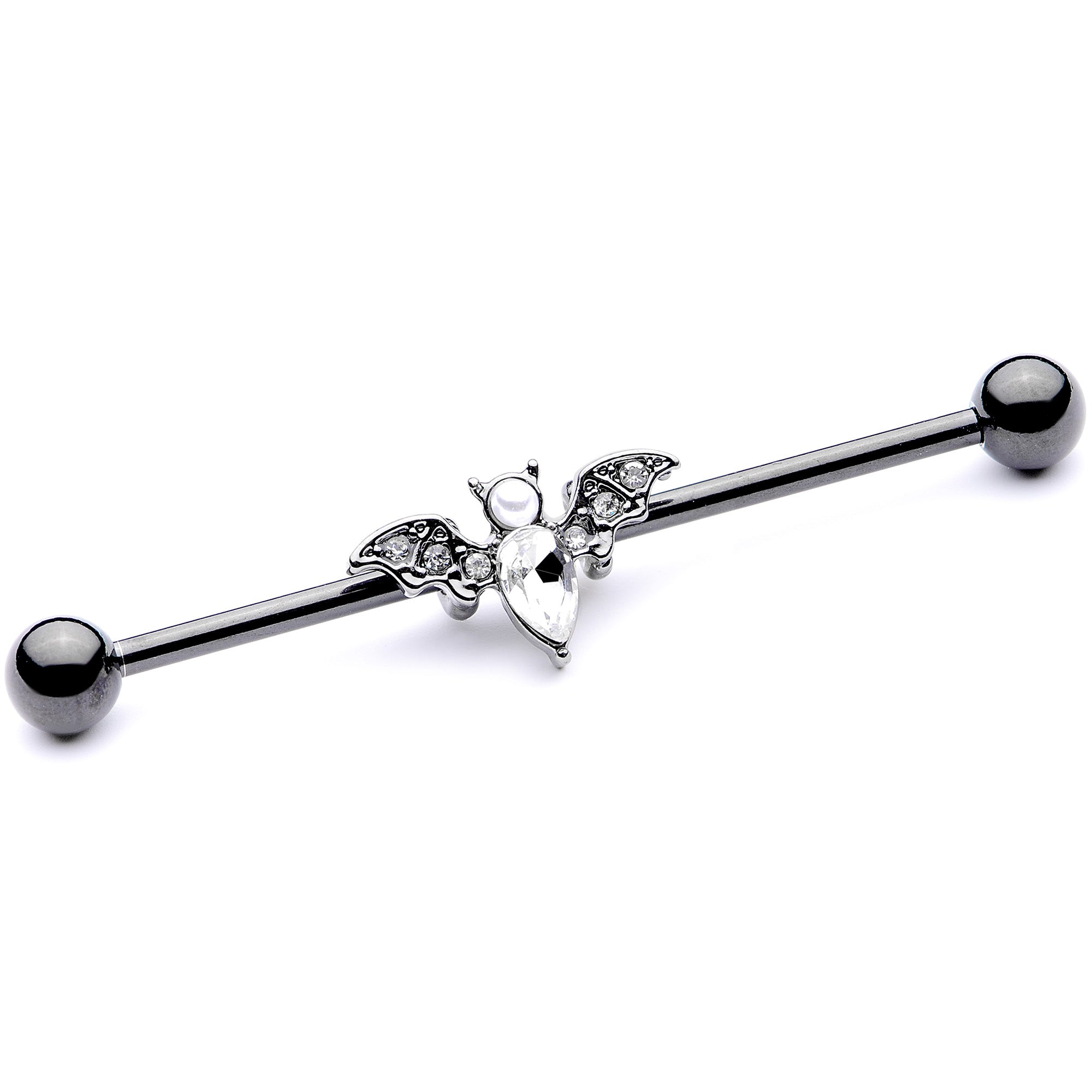 14G Clear Gem Black Bat Halloween Industrial Barbell 38mm