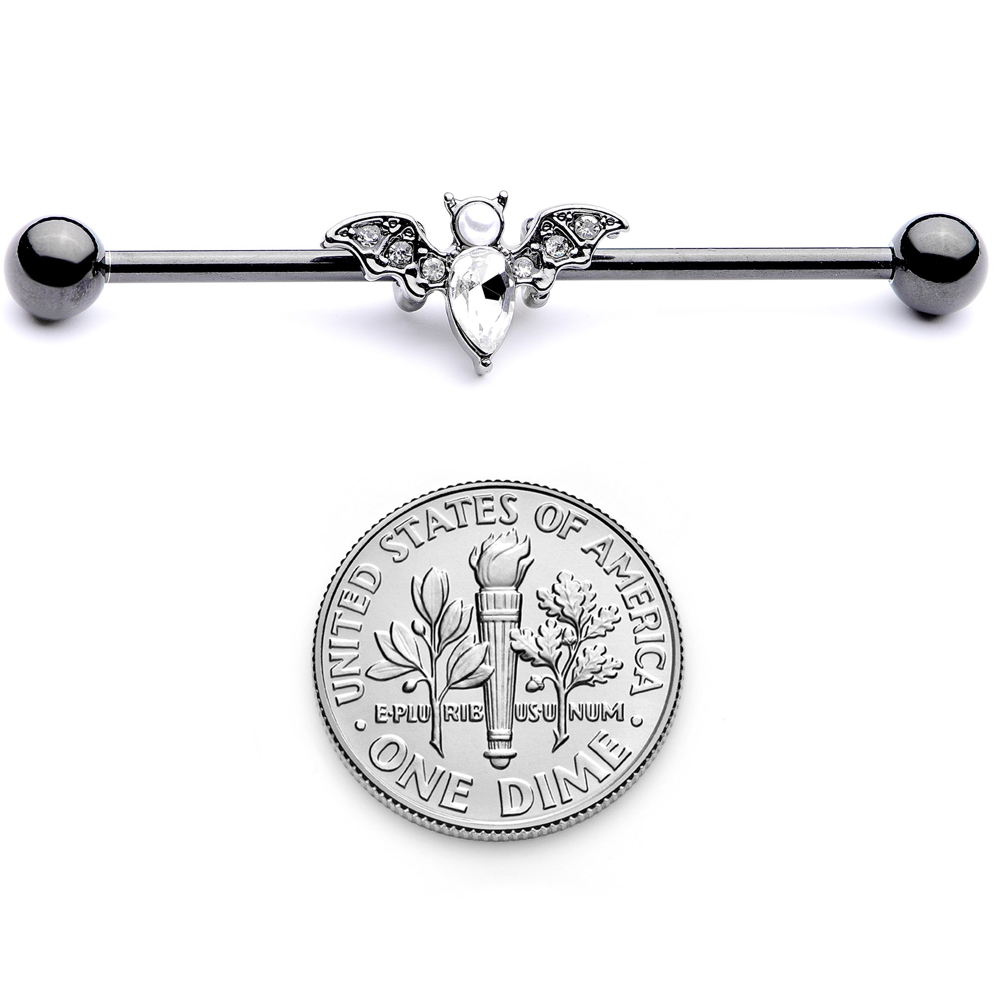 14G Clear Gem Black Bat Halloween Industrial Barbell 38mm