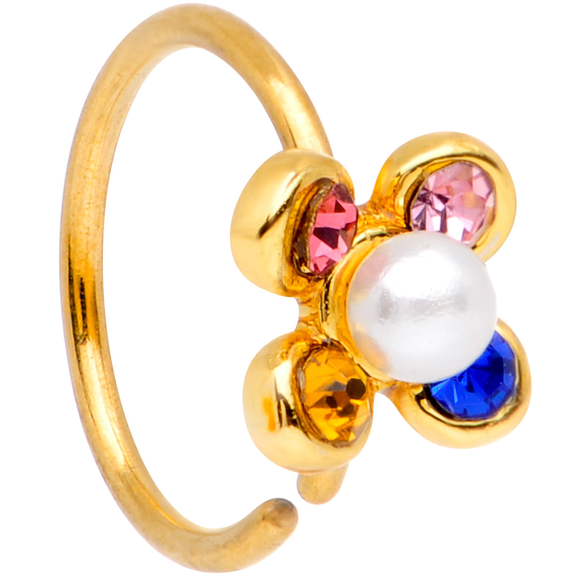 20G 5/16 Pink Blue Gem Gold Tone Flower Nose Hoop