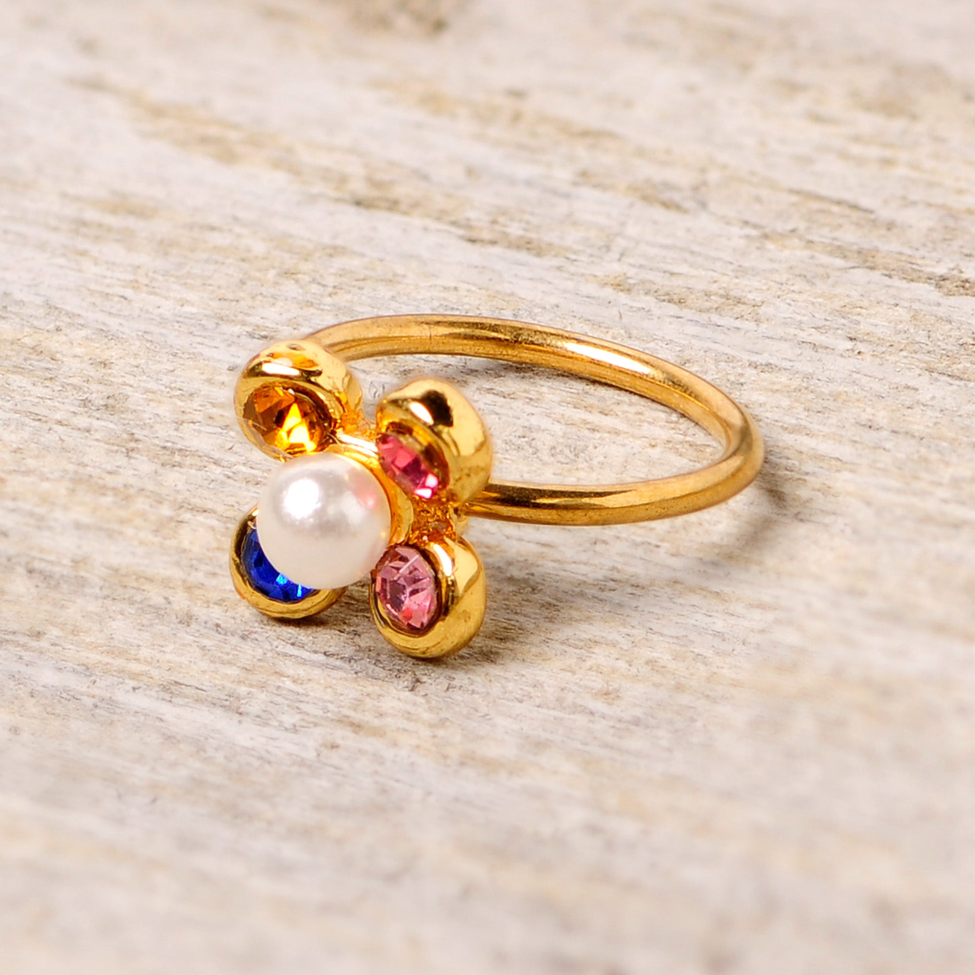 20G 5/16 Pink Blue Gem Gold Tone Flower Nose Hoop