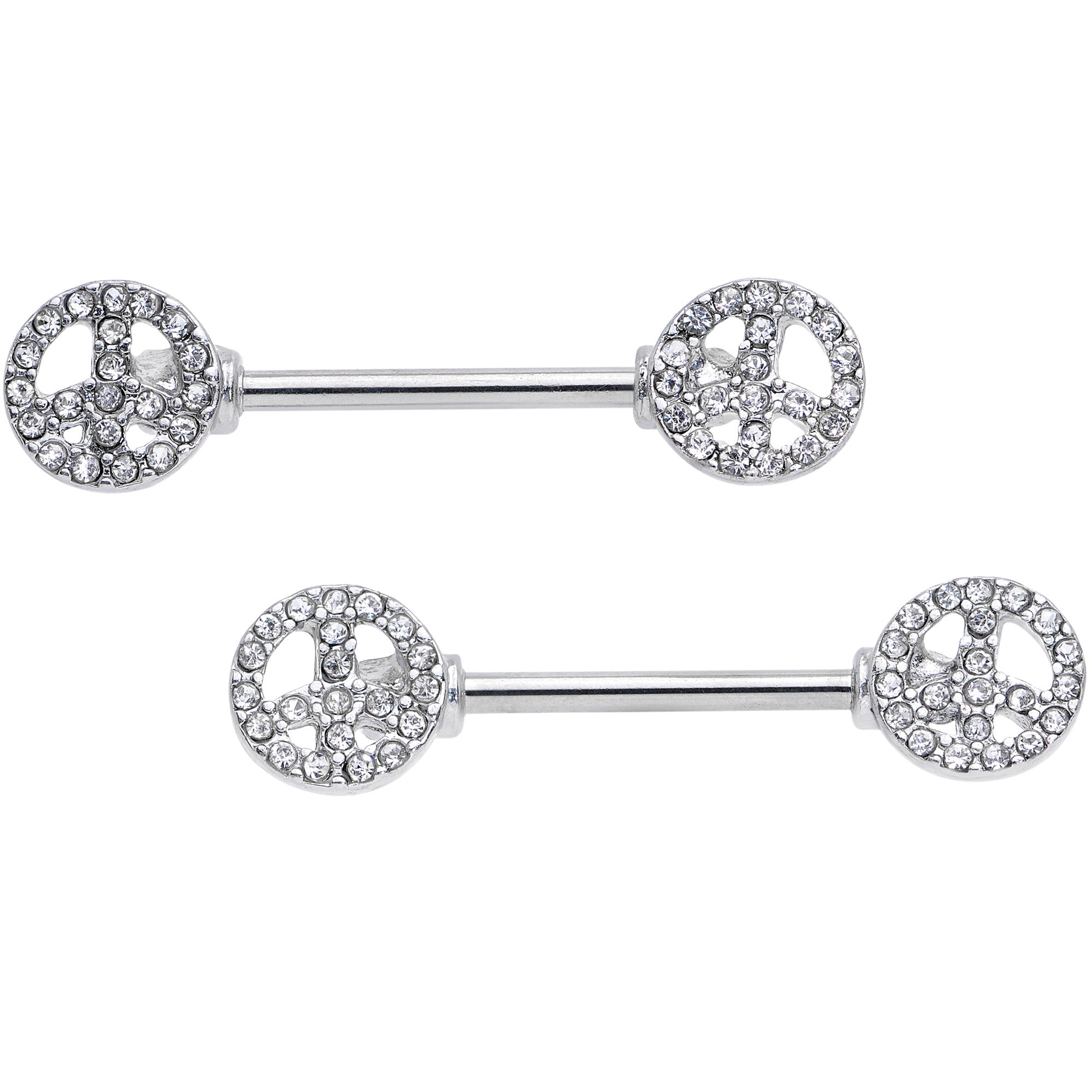 14G 9/16 Clear Gem Retro Peace Sign Barbell Nipple Ring Set