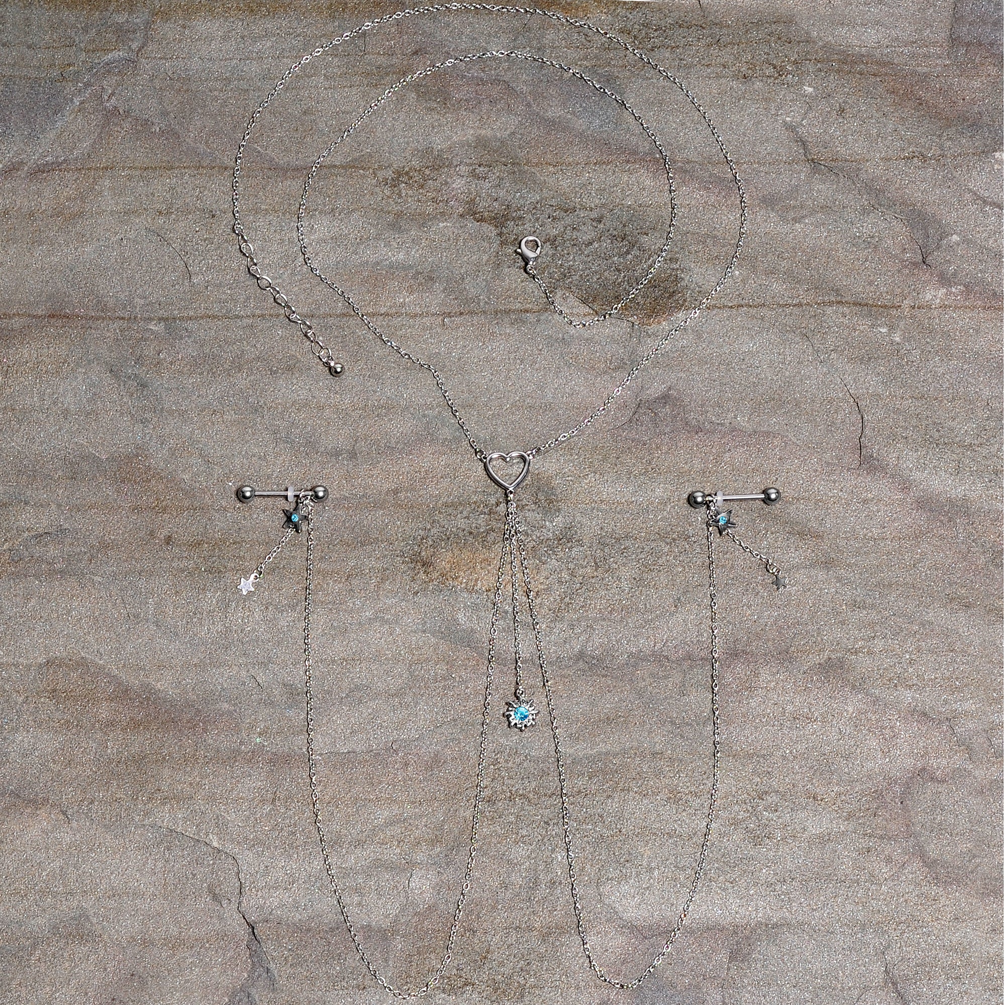 14G 5/8 Blue Gem Sun Heart Star Nipple Chain Necklace