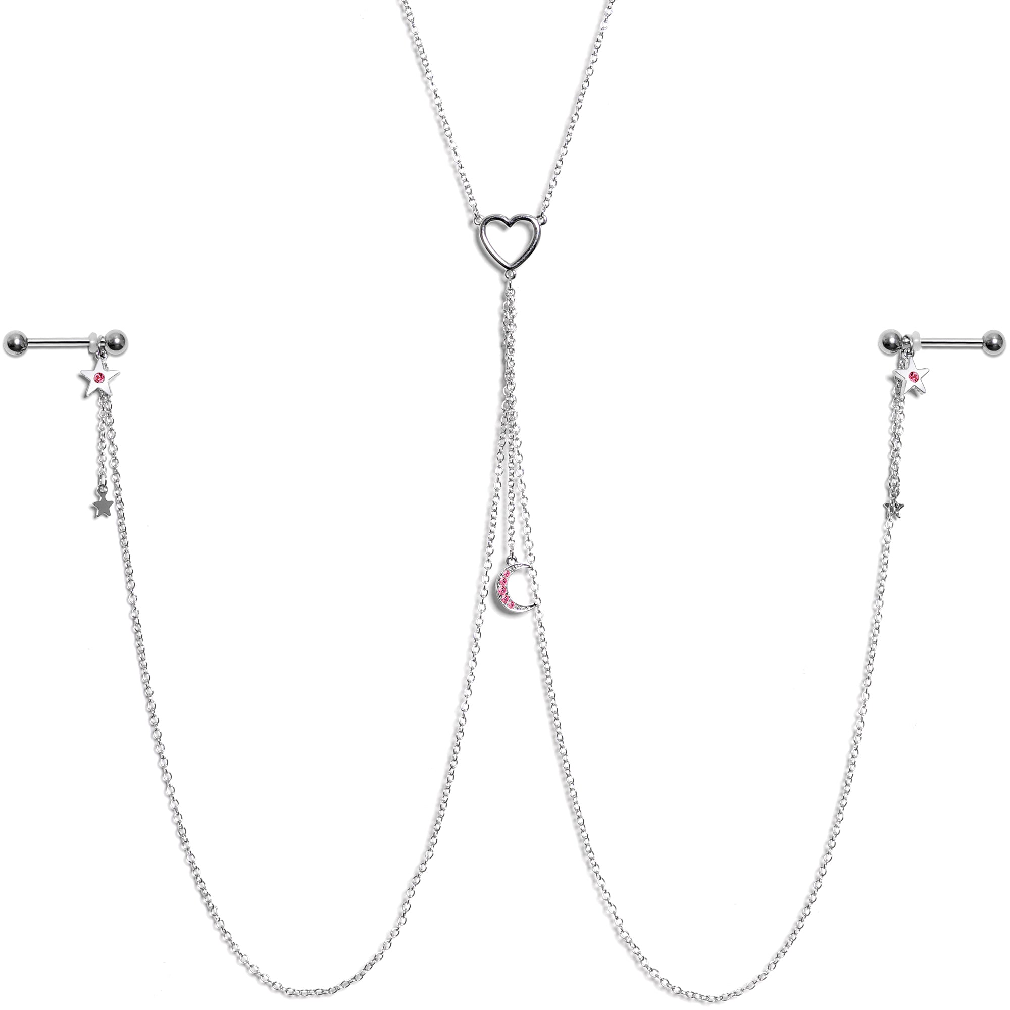 14G 5/8 Pink Gem Moon Heart Star Nipple Chain Necklace