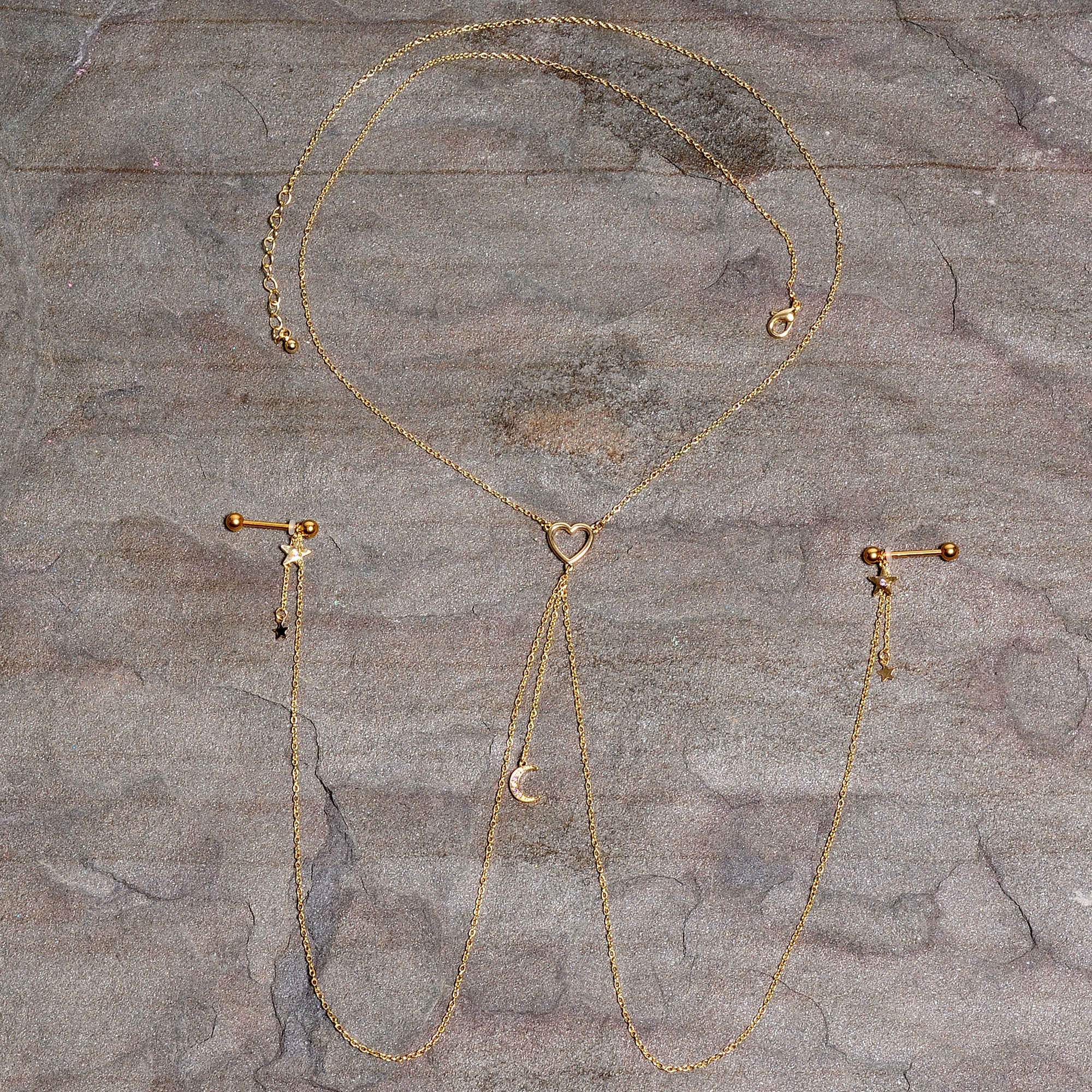 14G 5/8 Aurora Gem Gold Tone Heart Star Nipple Chain Necklace