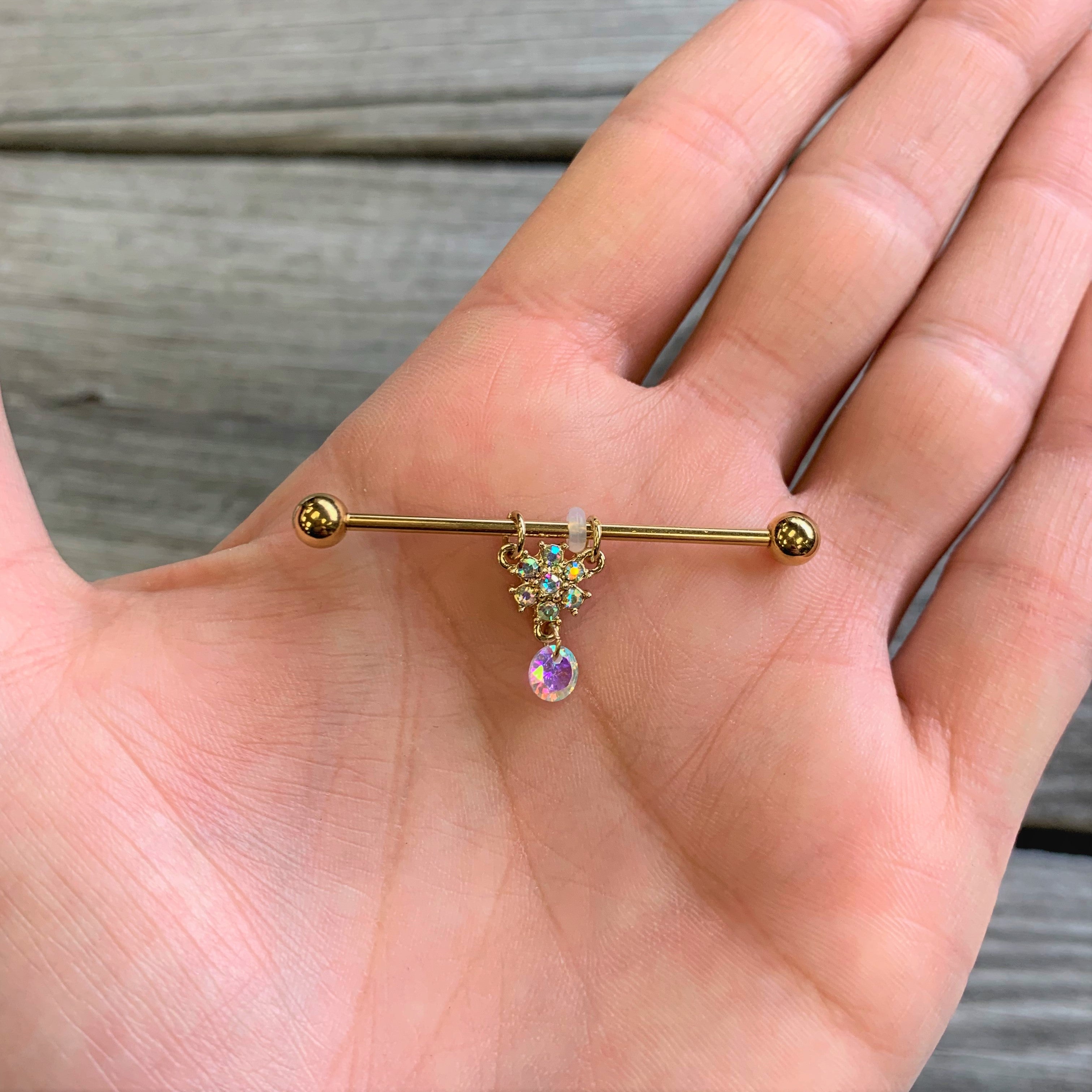 14G Aurora Gem Gold Tone Flower Dangle Industrial Barbell 38mm