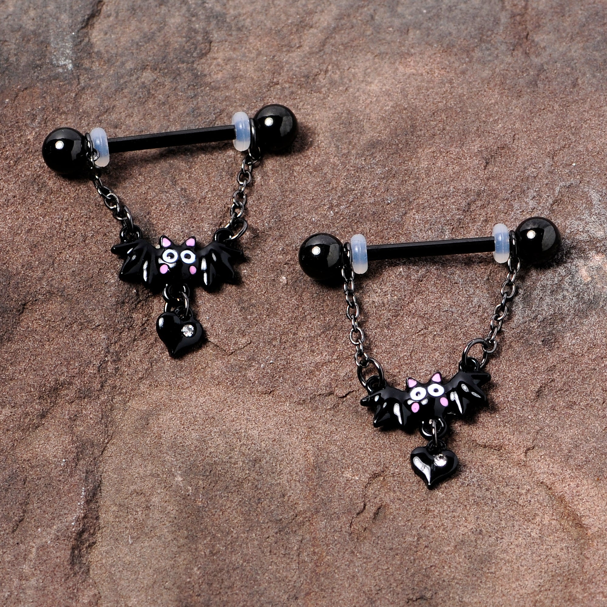 14G 5/8 Clear Gem Black Bat Halloween Dangle Nipple Ring Set
