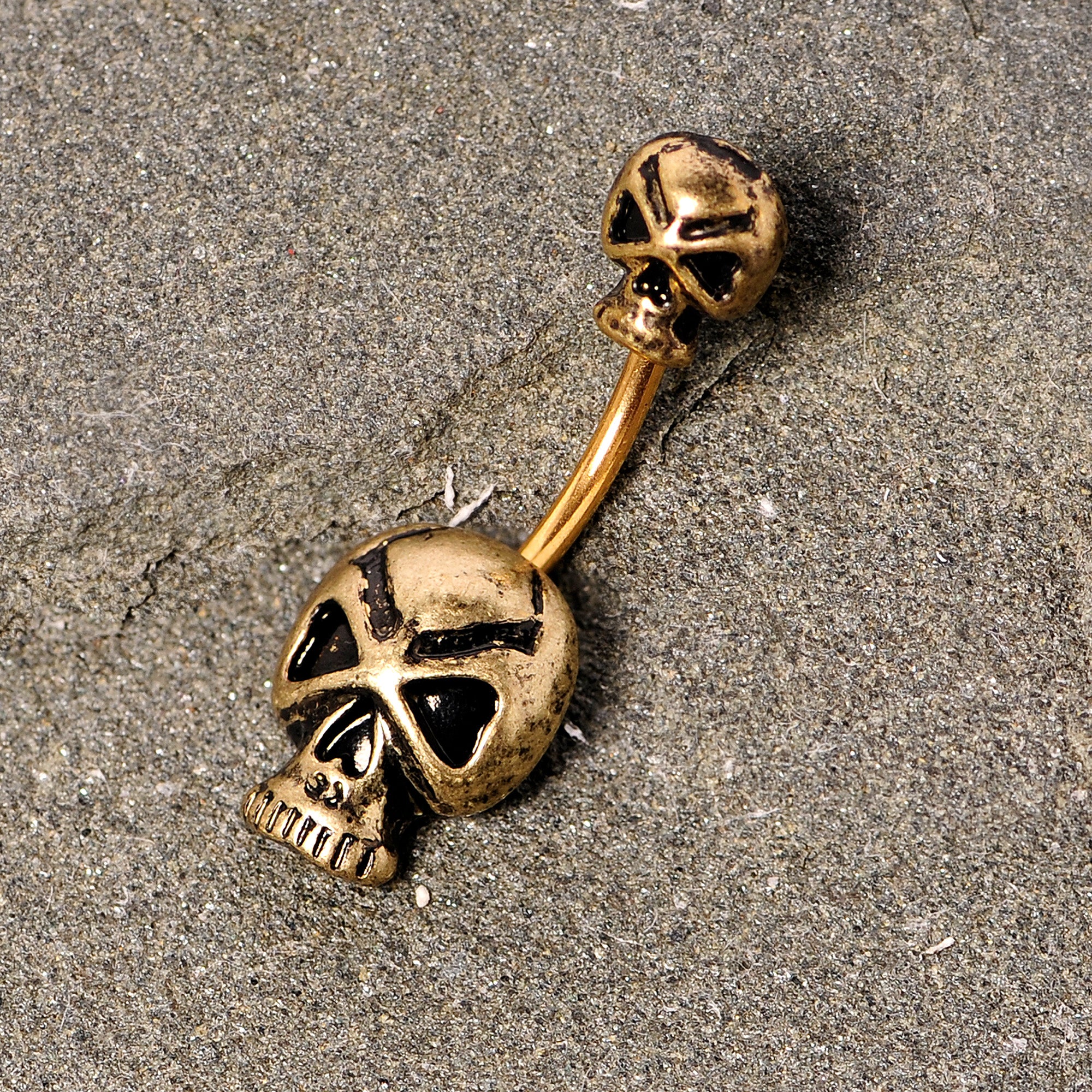 Gold Tone Scary Double Skull Halloween Double Mount Belly Ring