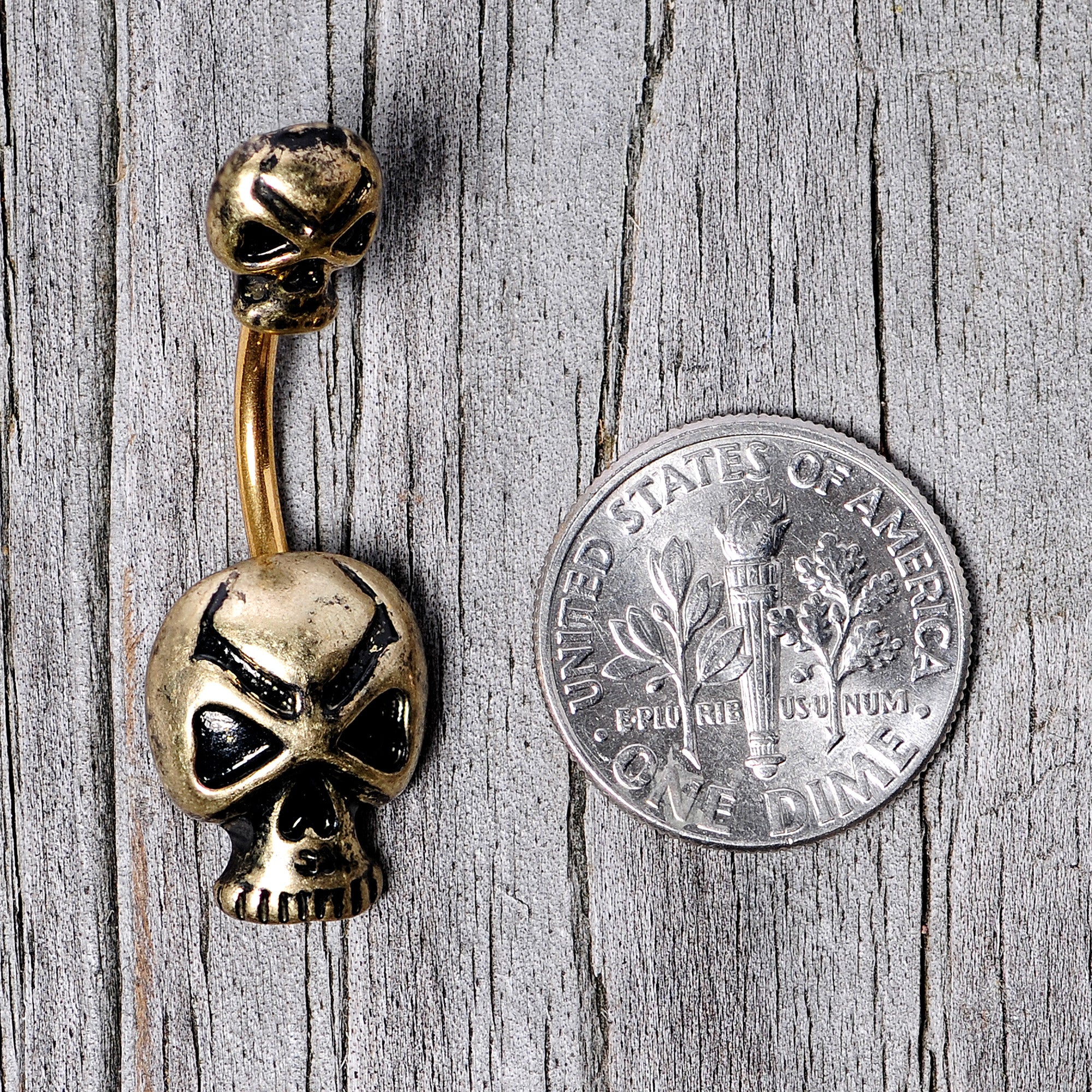 Gold Tone Scary Double Skull Halloween Double Mount Belly Ring