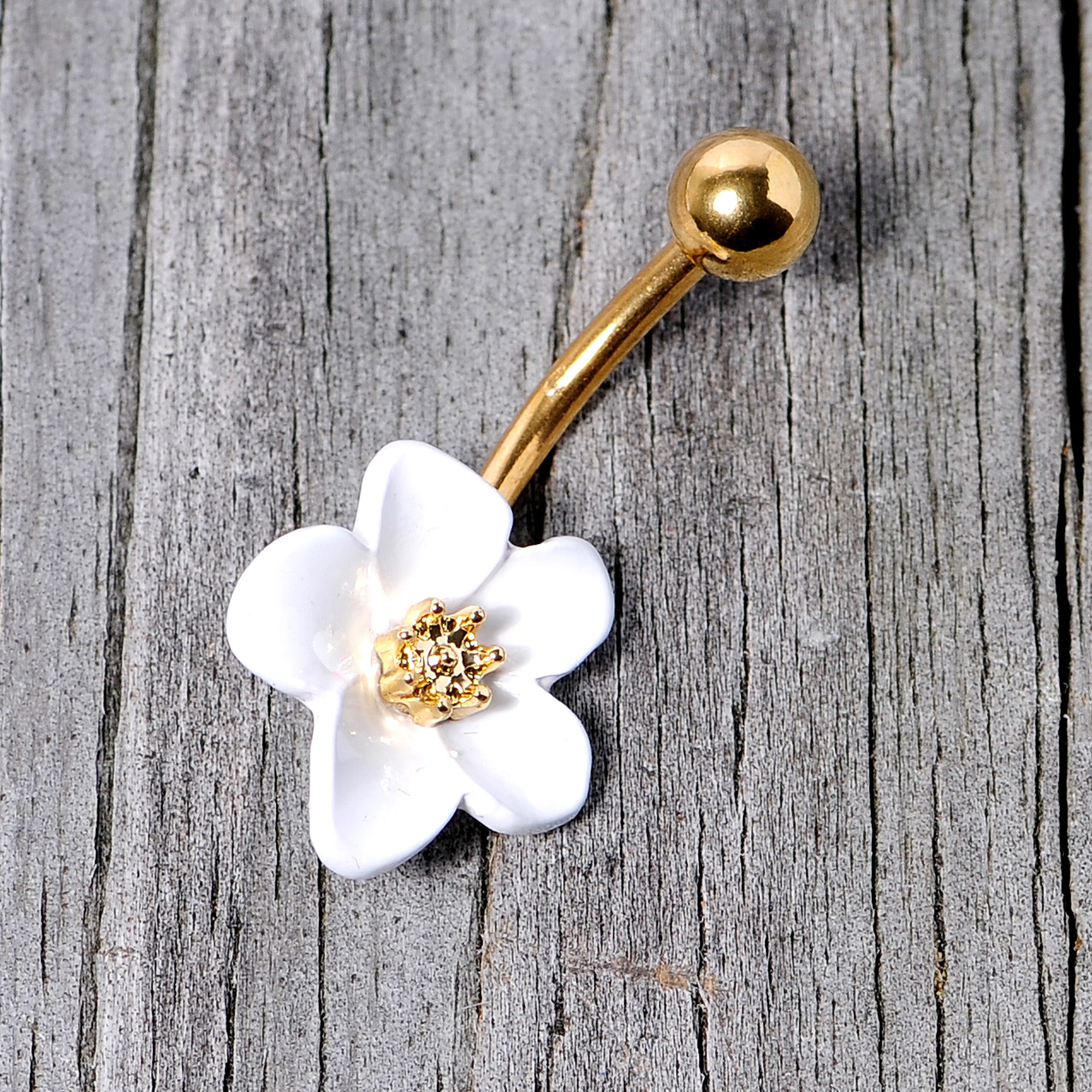 Gold Tone Spring Blossom Pretty White Flower Belly Ring
