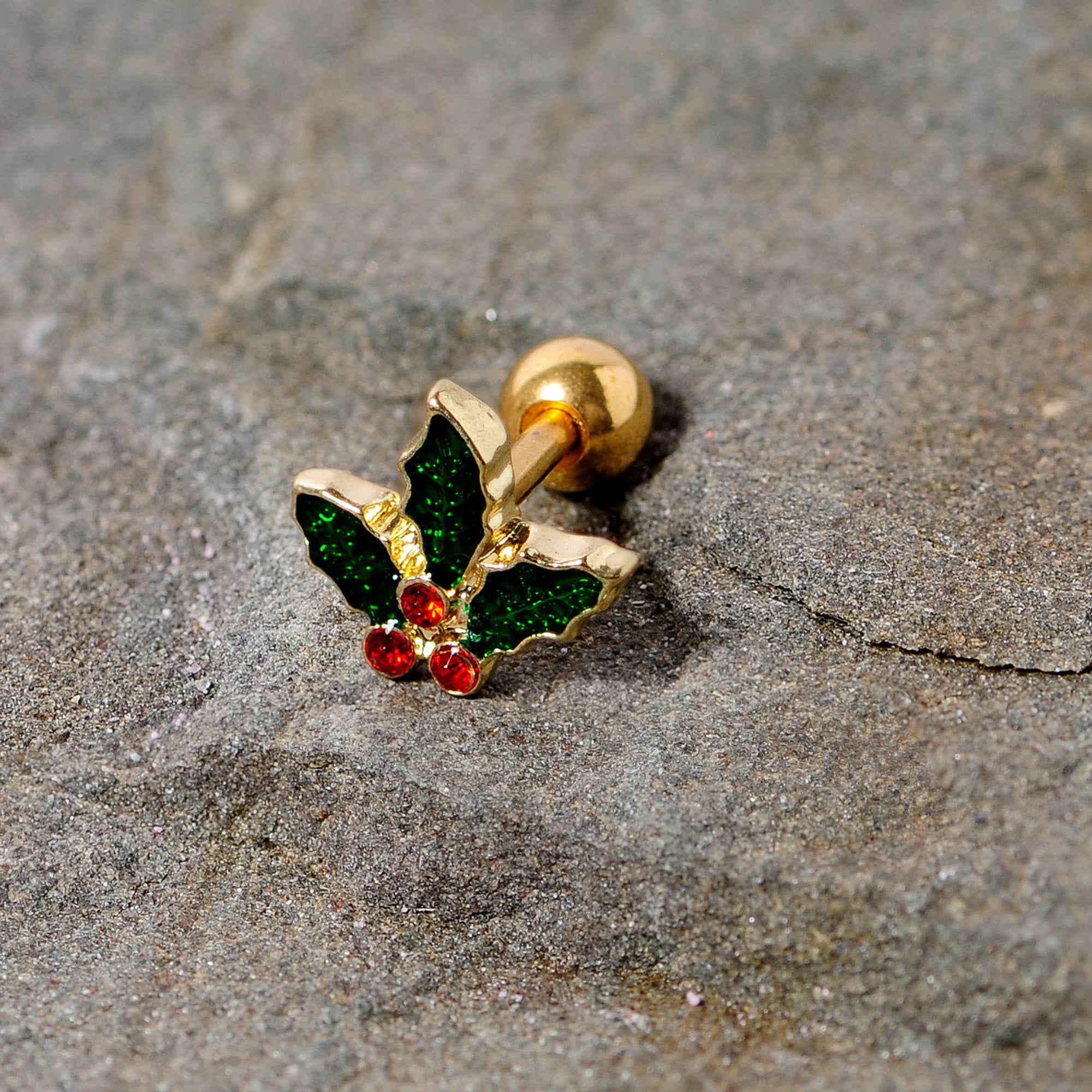 16G 1/4 Red Gem Gold Tone Mistletoe Christmas Cartilage Tragus