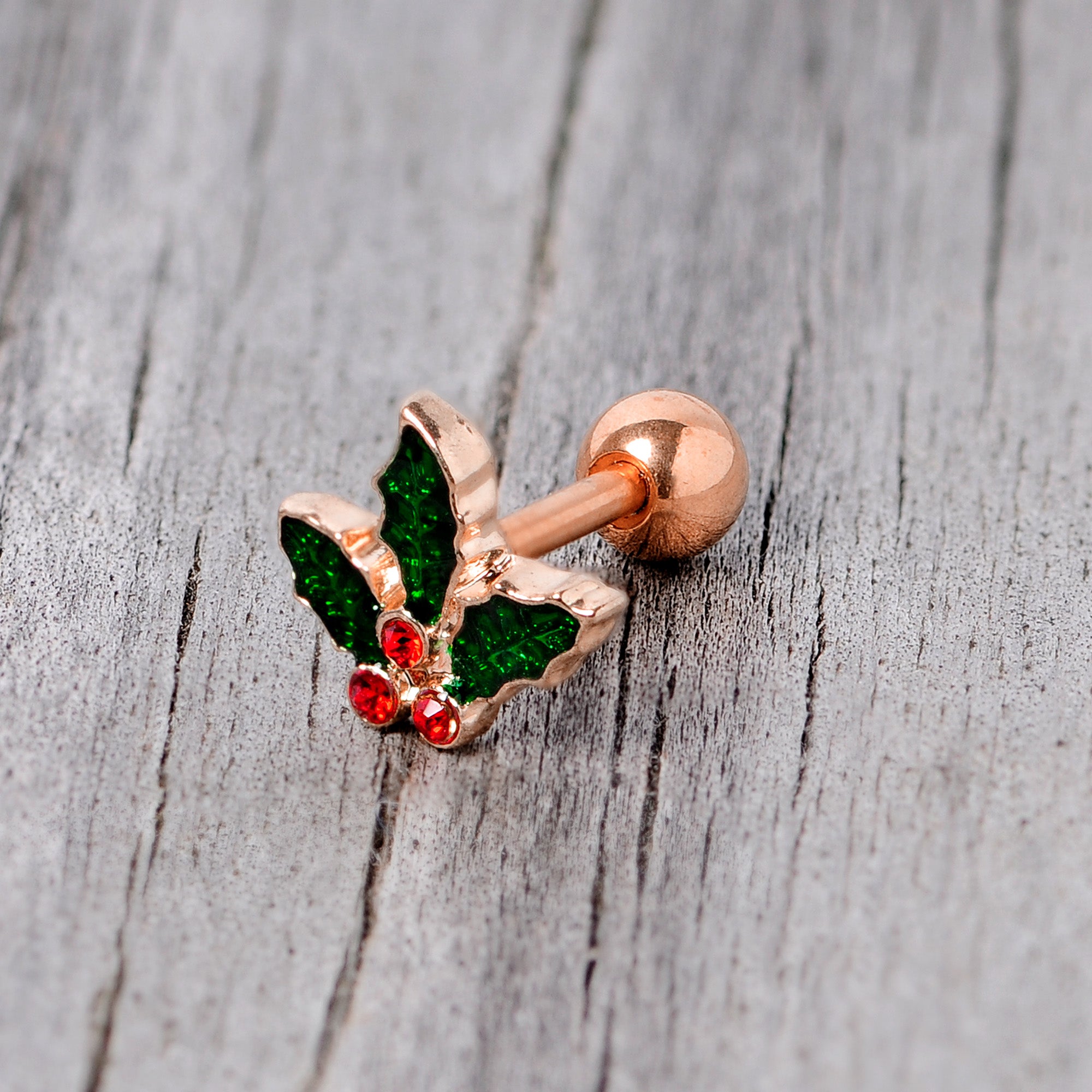 16G 1/4 Red Gem Rose Tone Mistletoe Christmas Cartilage Tragus