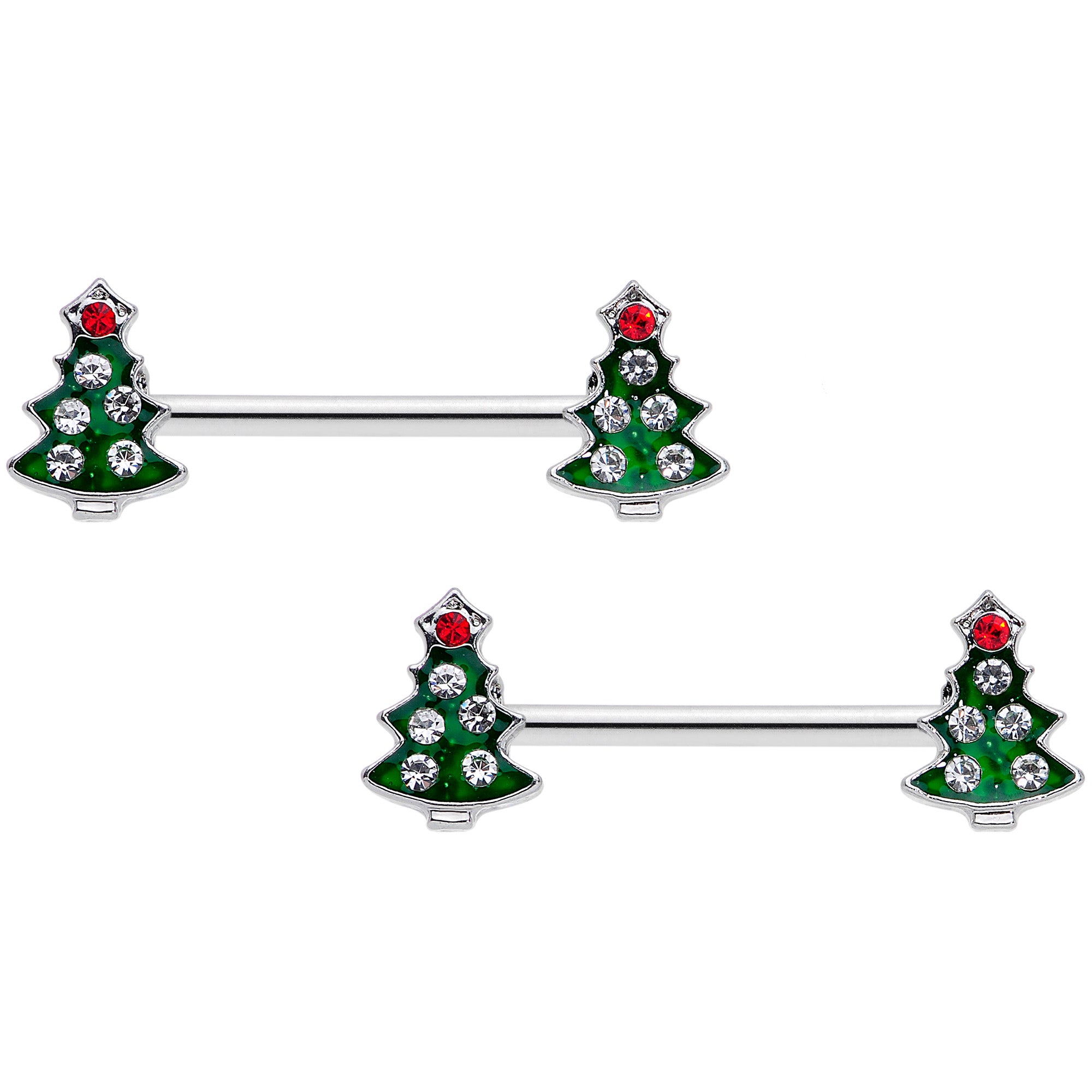 14G 9/16 Clear Red Gem Christmas Tree Barbell Nipple Ring Set