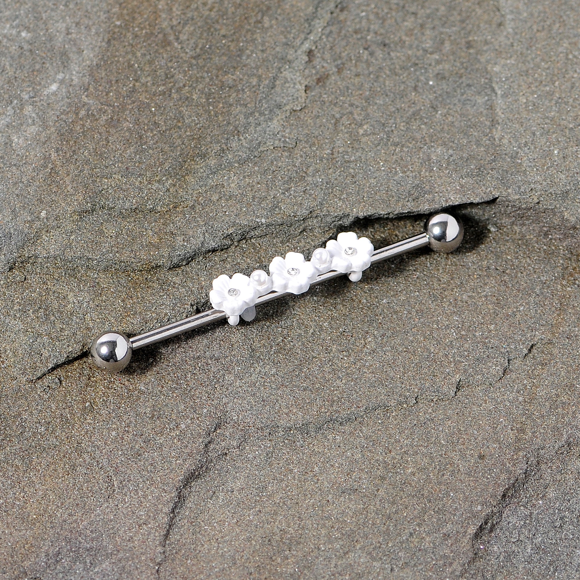 14G Clear Gem White Flower Industrial Barbell 38mm