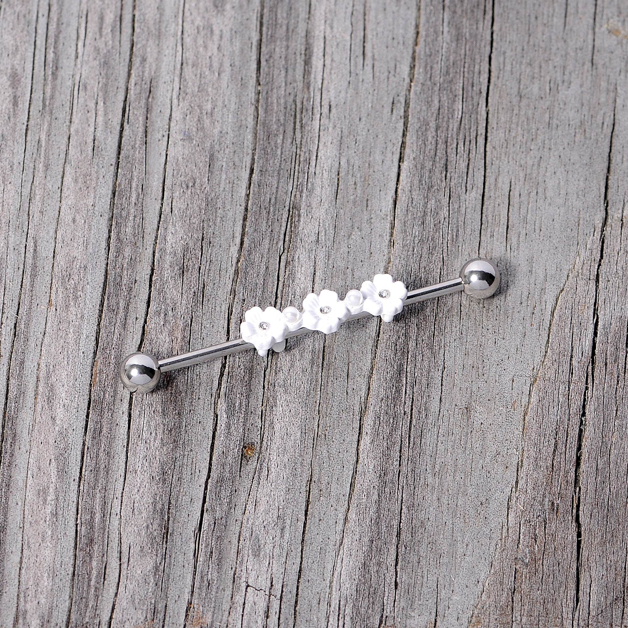 14G Clear Gem White Flower Industrial Barbell 38mm