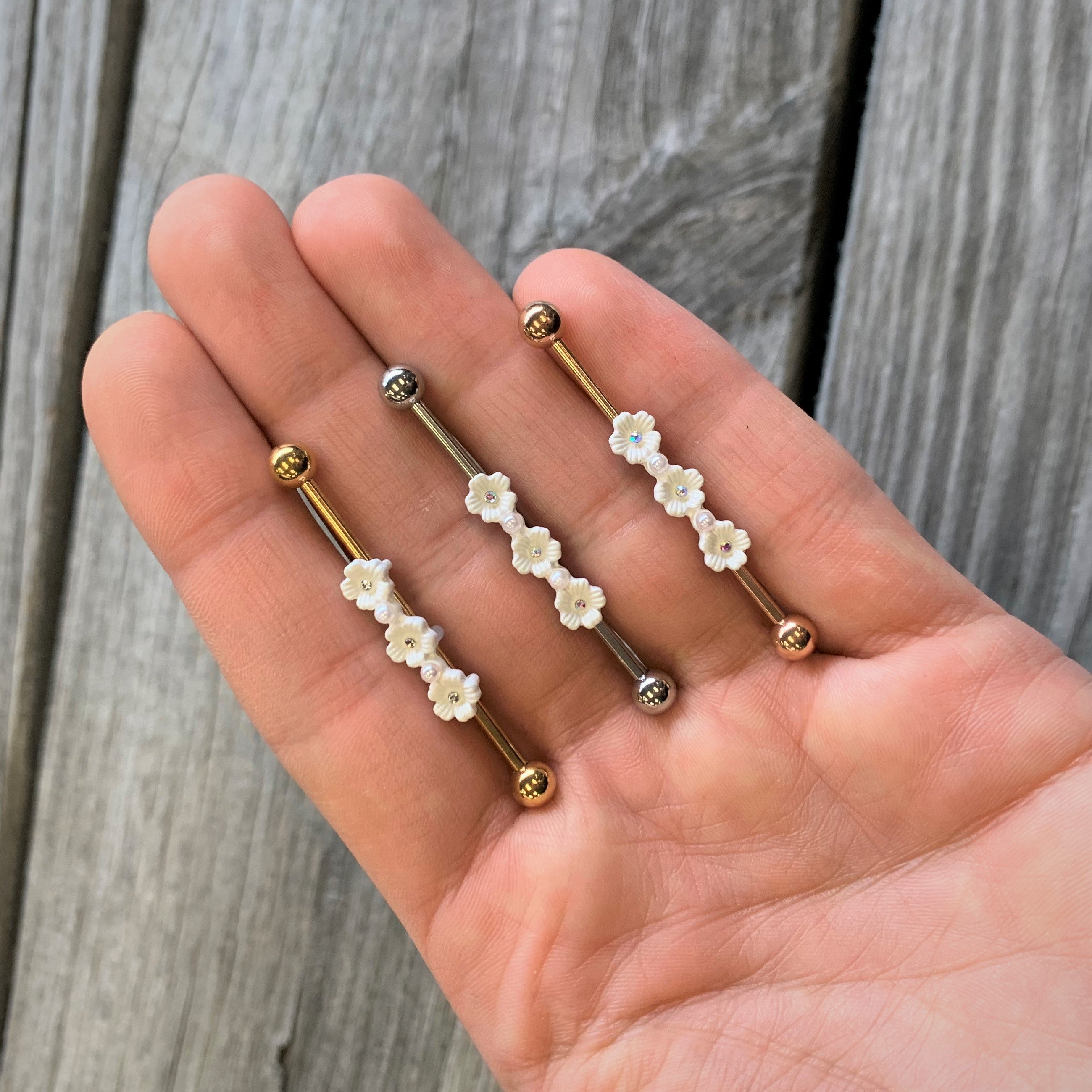 14G Clear Gem Rose Gold Tone Flower Industrial Barbell 38mm