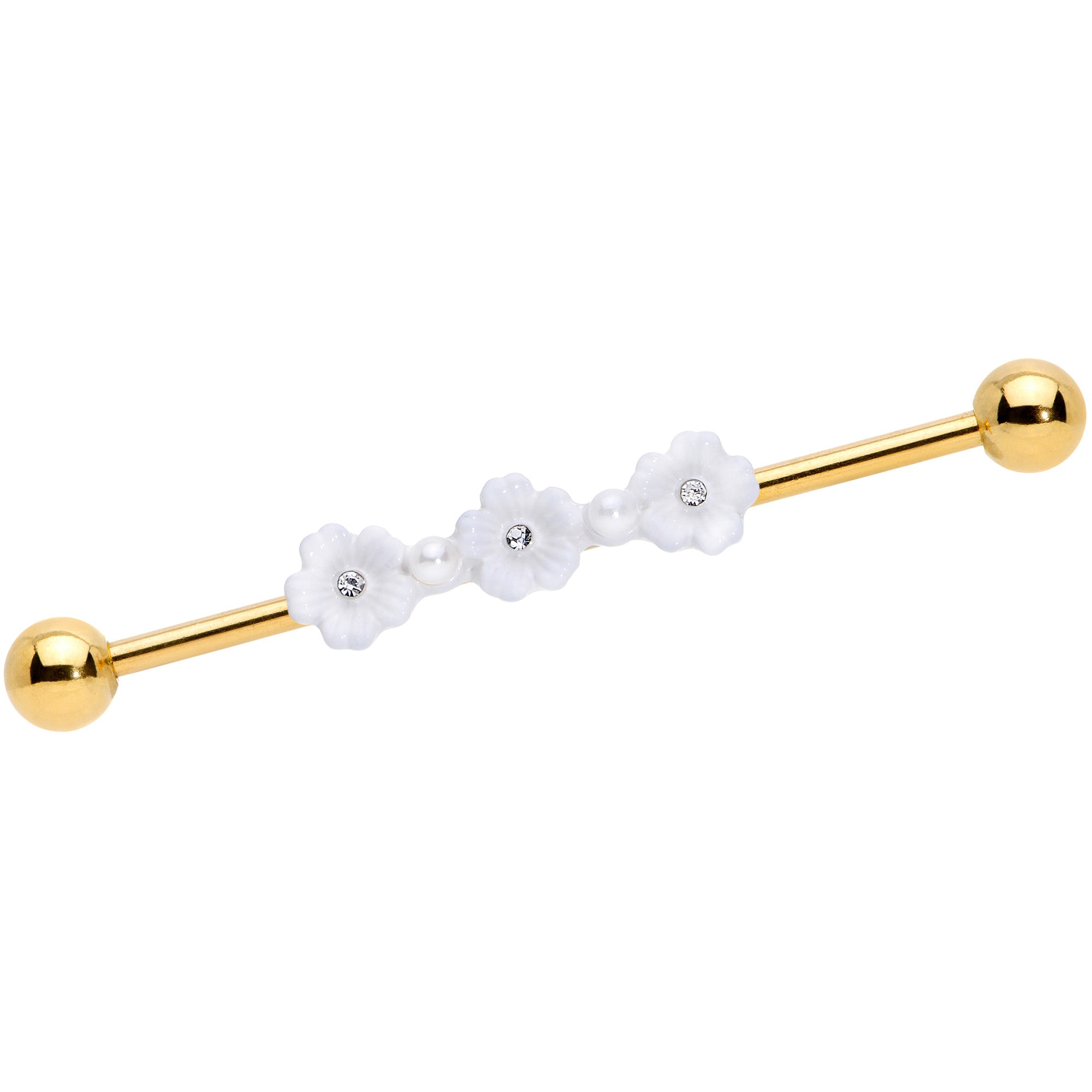 14G Clear Gem Gold Tone Flower Industrial Barbell 38mm