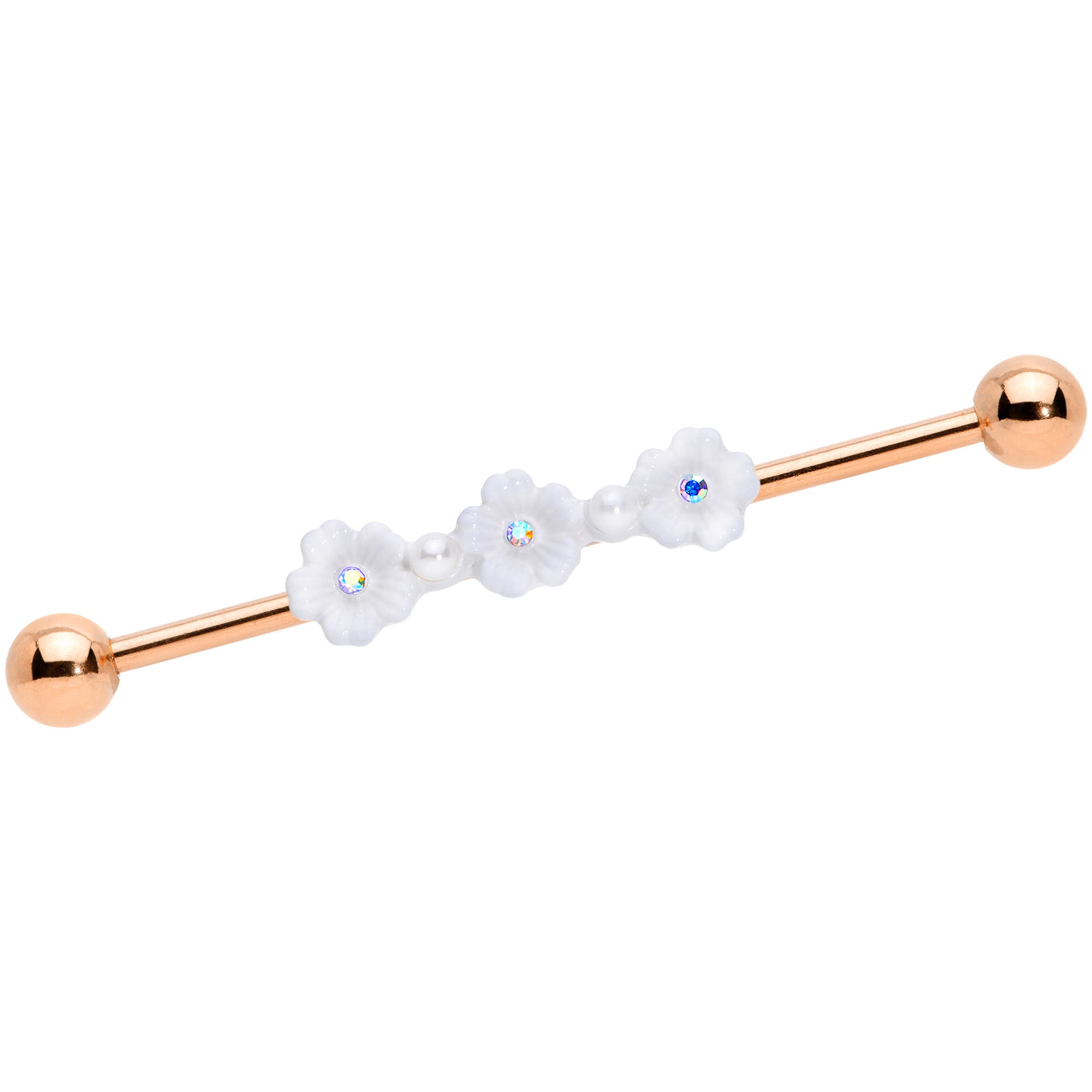 14G Aurora Gem Rose Gold Tone Flower Industrial Barbell 38mm