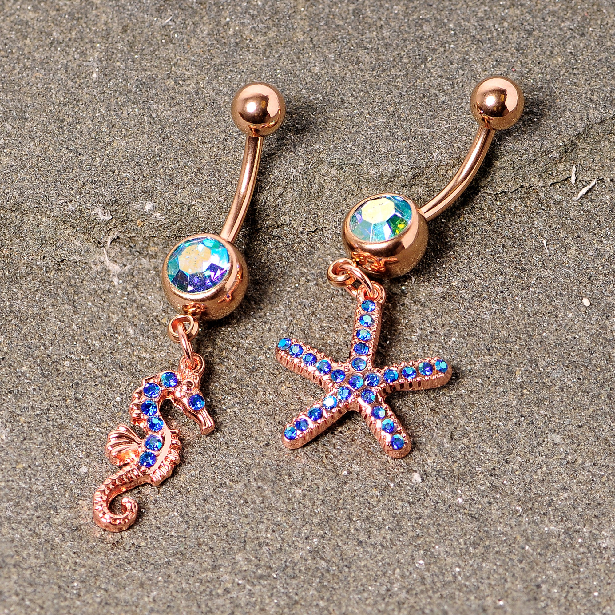 Blue Gem Rose Gold Tone Starfish Seahorse Nautical Belly Ring Set of 2