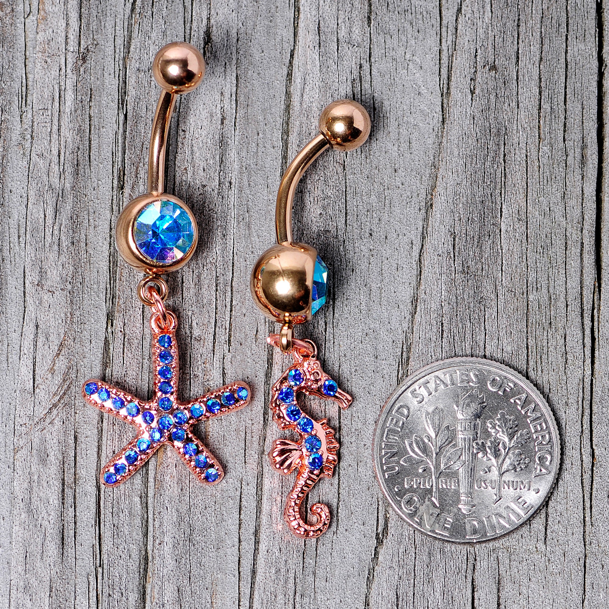 Blue Gem Rose Gold Tone Starfish Seahorse Nautical Belly Ring Set of 2