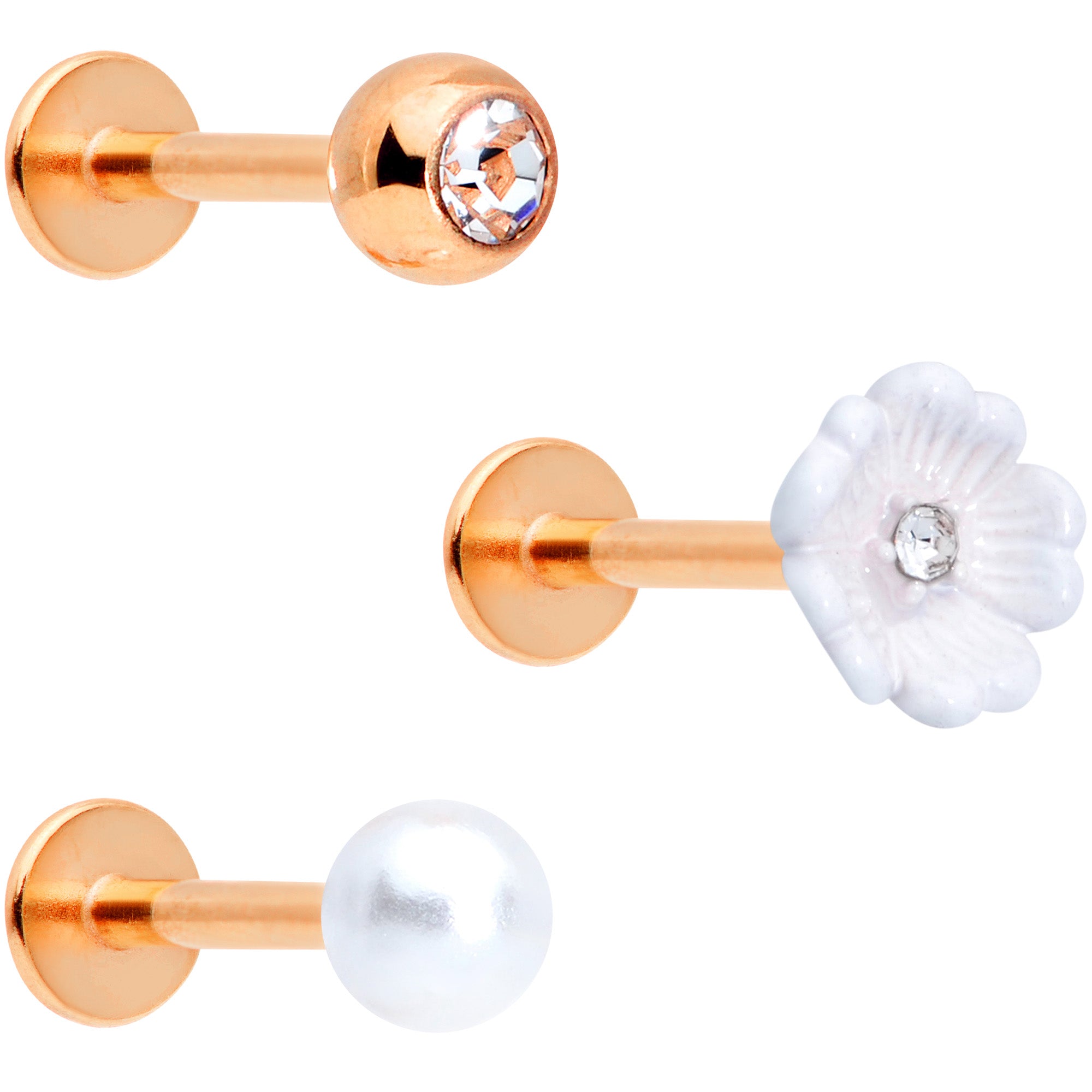 16G 5/16 Clear Gem Rose Gold Tone Flower Labret Tragus Set of 3