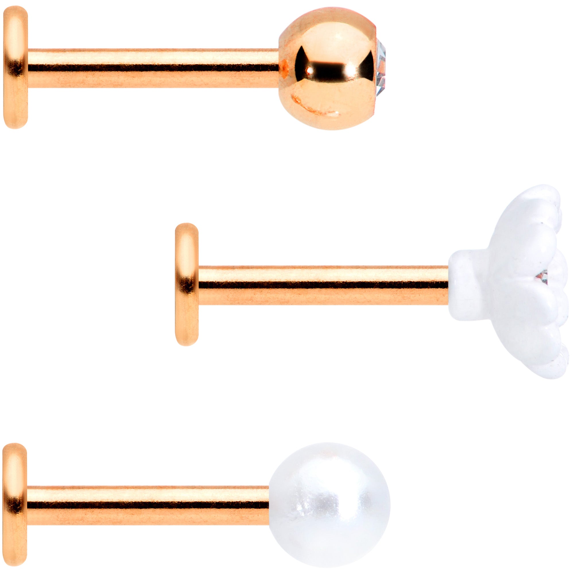 16G 5/16 Clear Gem Rose Gold Tone Flower Labret Tragus Set of 3