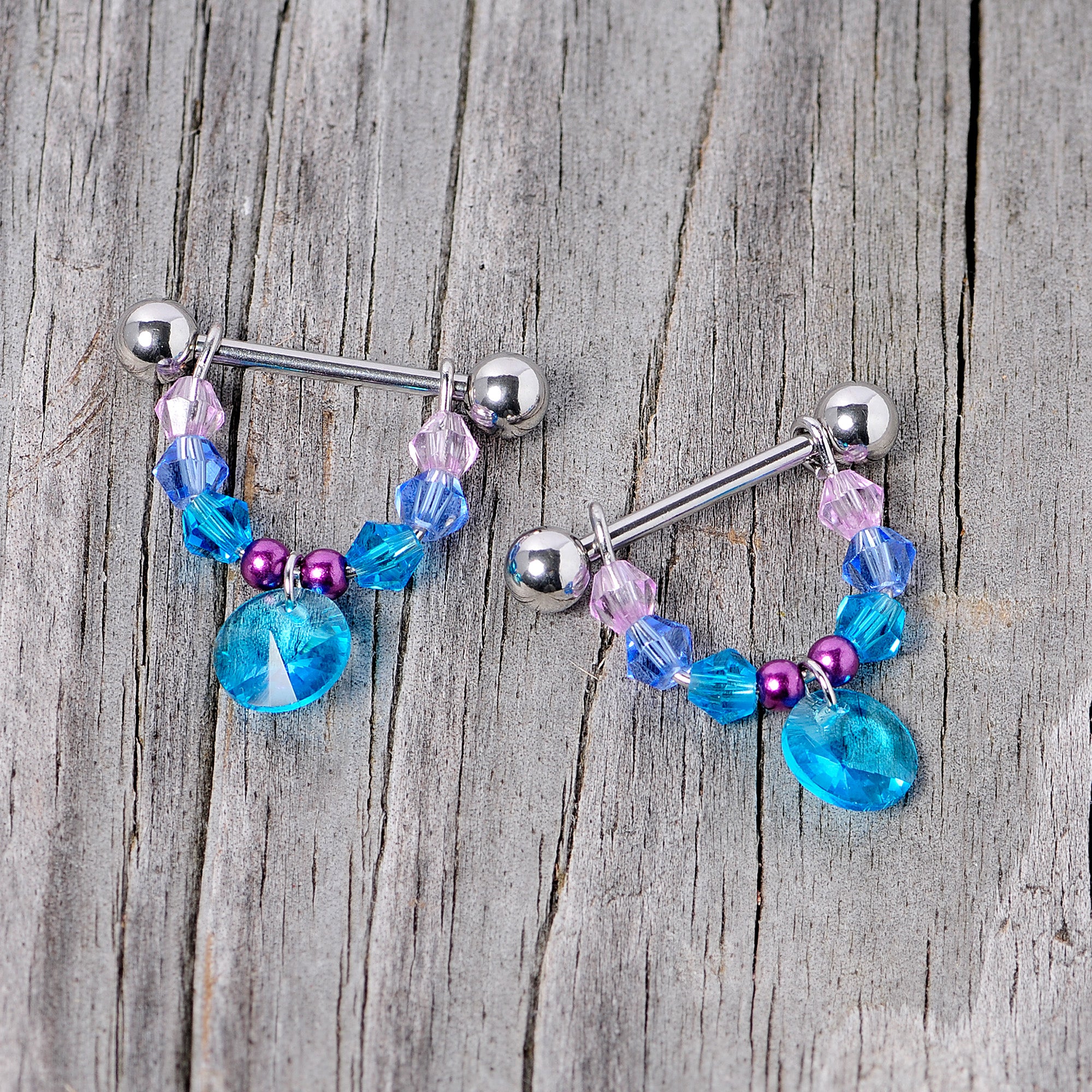 14G 5/8 Pink Aqua Gem Disc Dangle Barbell Nipple Ring Set